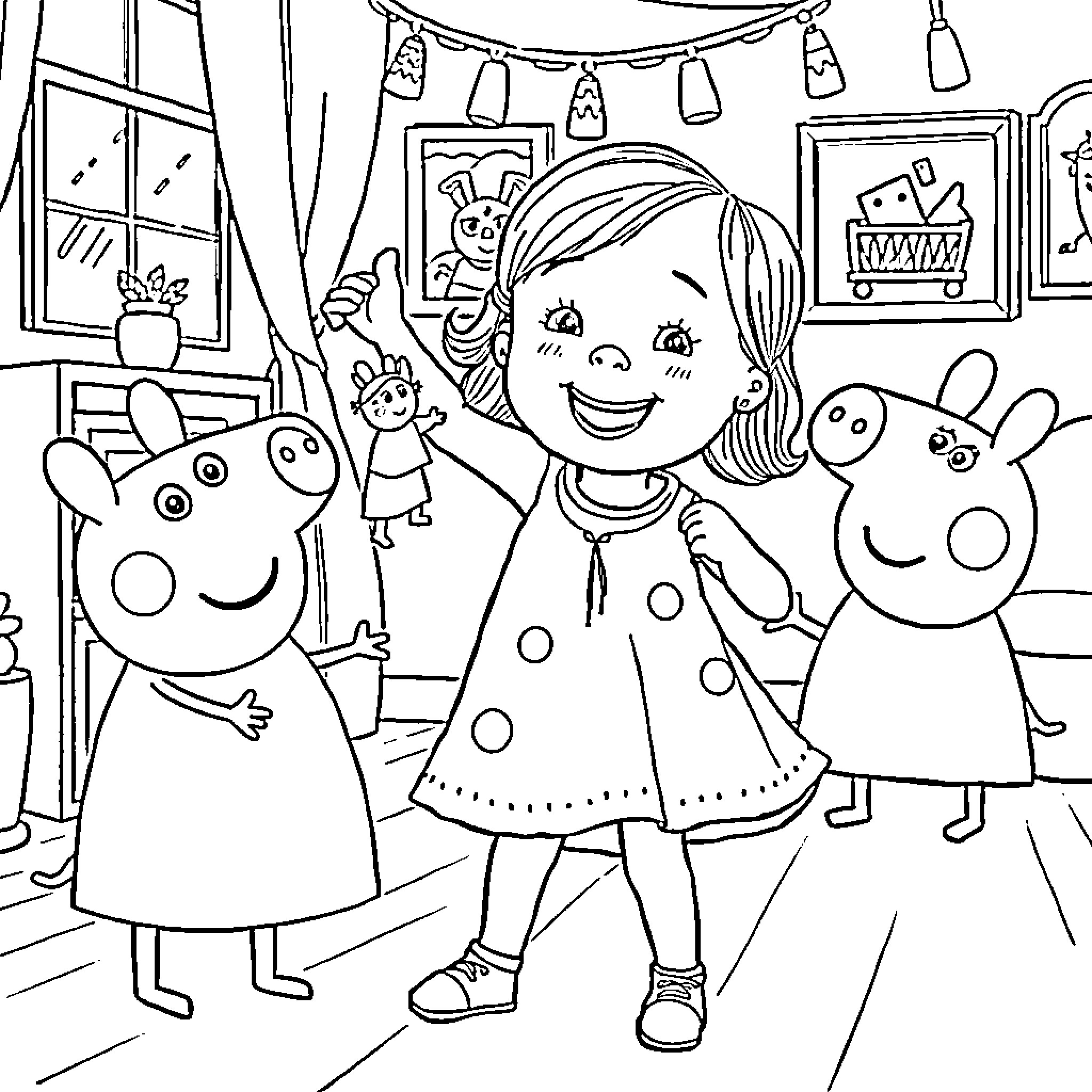 Toddler playing happily with cartoon friends Coloring Page (free black-and-white line drawing printable PDF for all, from beginners to advanced learners, including children, teens, adults, and seniors)