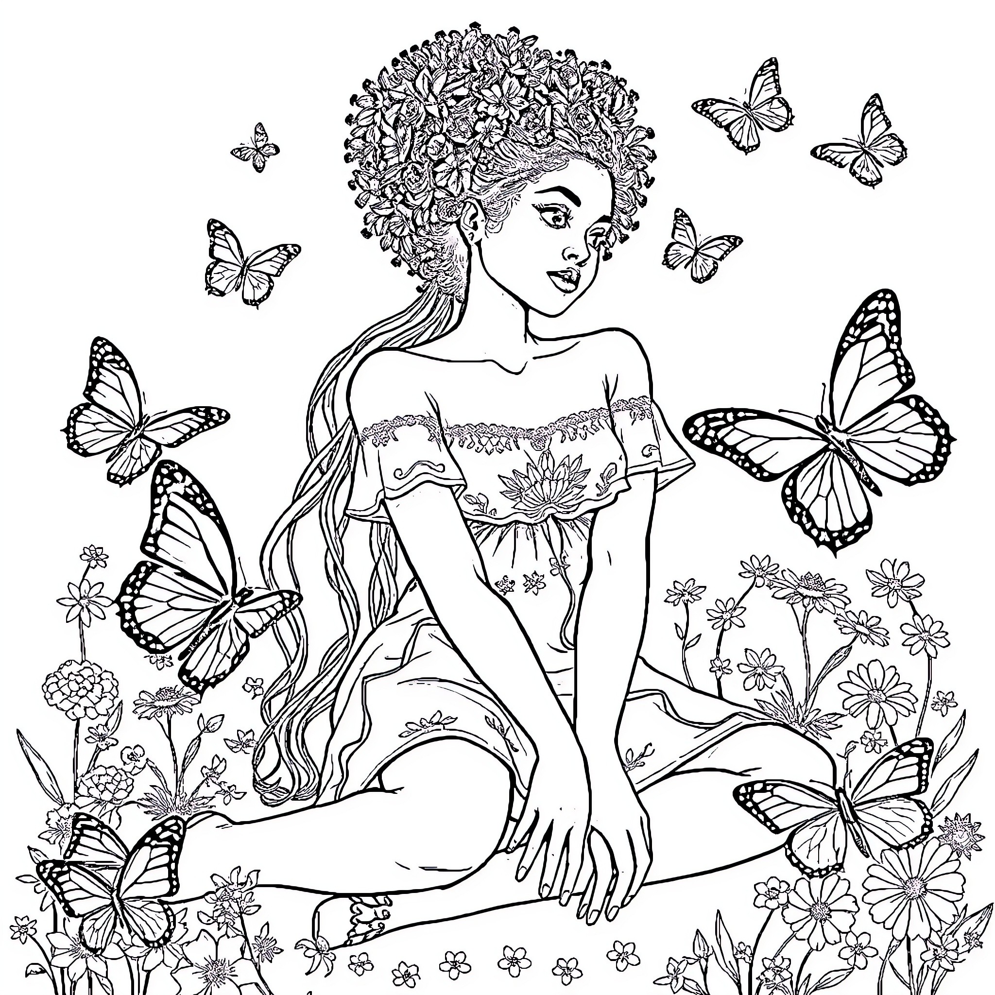 Zarayah Silva surrounded by nature and butterflies Coloring Page (free black-and-white line drawing printable PDF for all, from beginners to advanced learners, including children, teens, adults, and seniors)