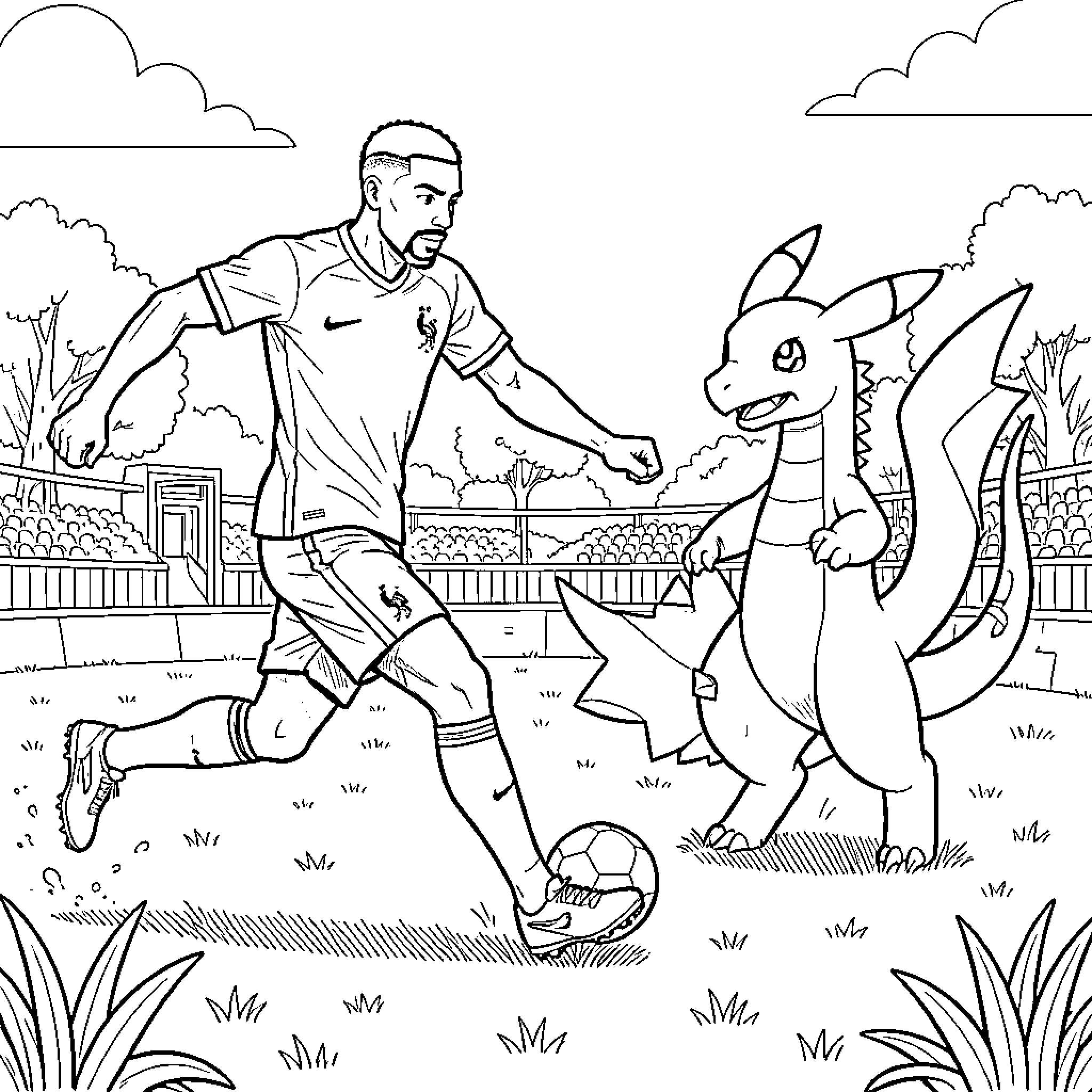 Mbappe playing soccer with a dragon in a field Coloring Page (free black-and-white line drawing printable PDF for all, from beginners to advanced learners, including children, teens, adults, and seniors)