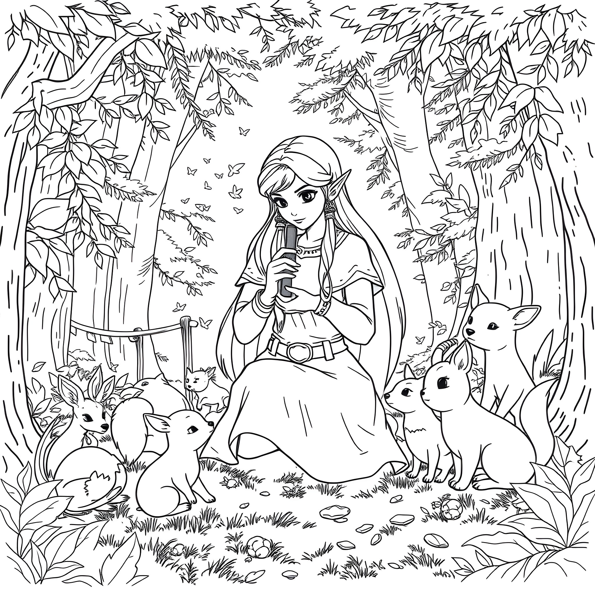 Zelda playing with forest animals Coloring Page (free black-and-white line drawing printable PDF for all, from beginners to advanced learners, including children, teens, adults, and seniors)