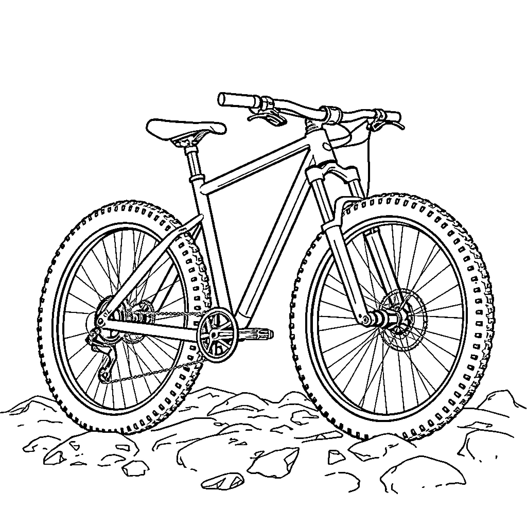 Mountain Bike Traversing Rocky Terrain Coloring Page (free black-and-white line drawing printable PDF for all, from beginners to advanced learners, including children, teens, adults, and seniors)
