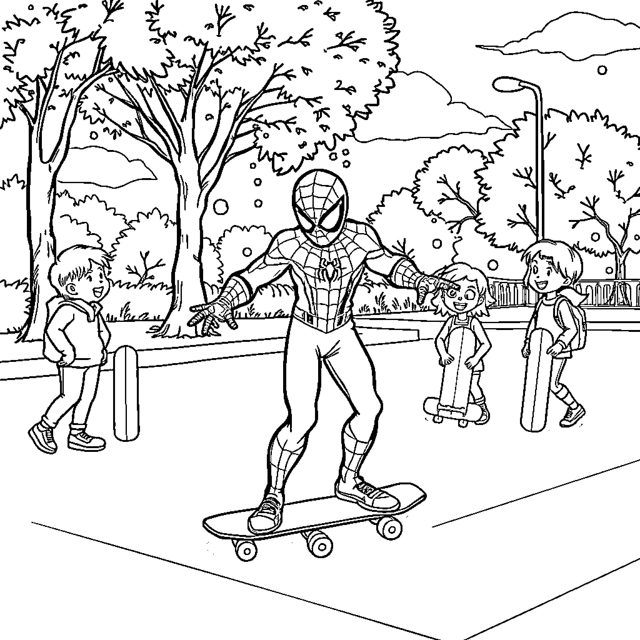 Spider-Man skating with friends in park Coloring Page (free black-and-white line drawing printable PDF for all, from beginners to advanced learners, including children, teens, adults, and seniors)