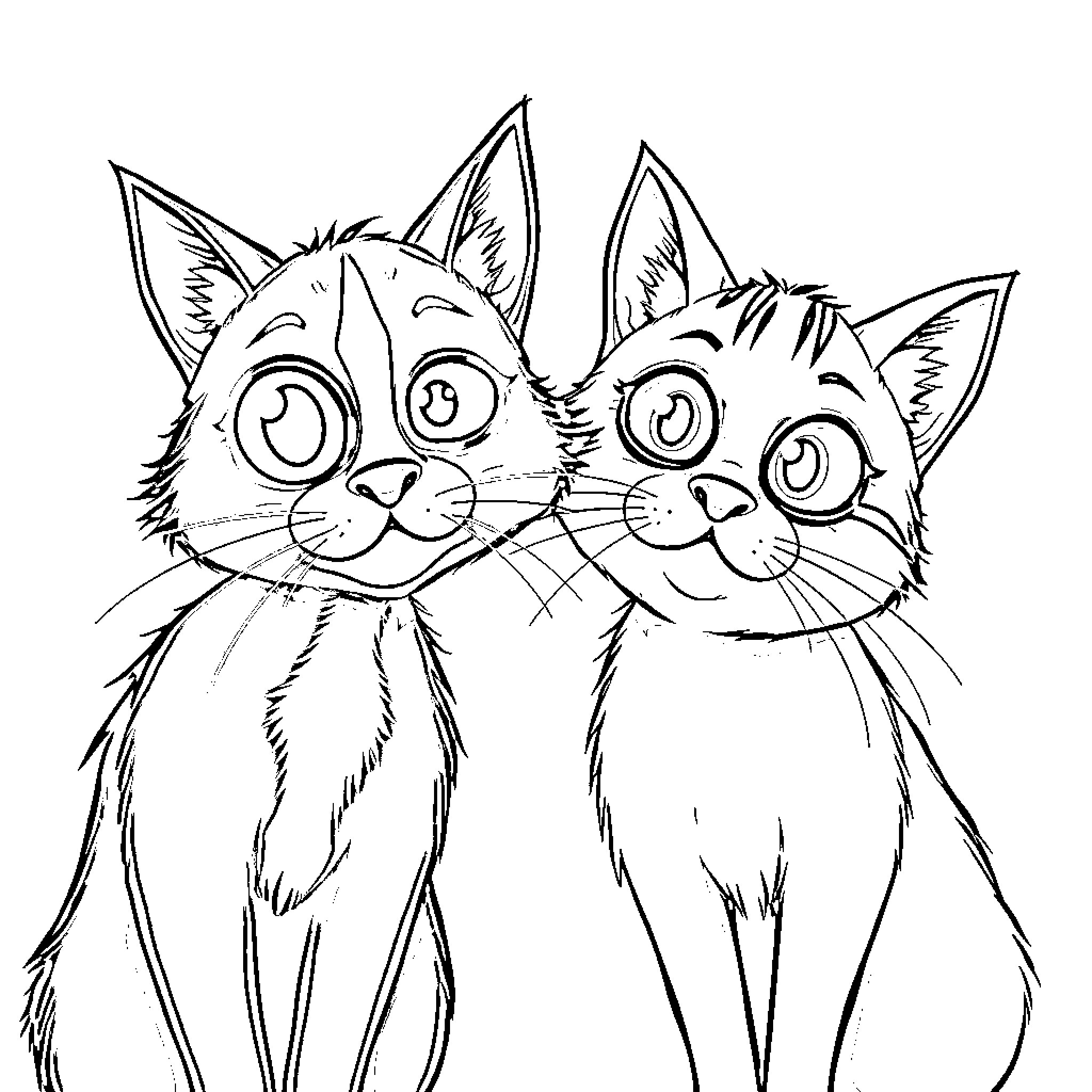 Cat cartoon friends with curious expressions Coloring Page (free black-and-white line drawing printable PDF for all, from beginners to advanced learners, including children, teens, adults, and seniors)