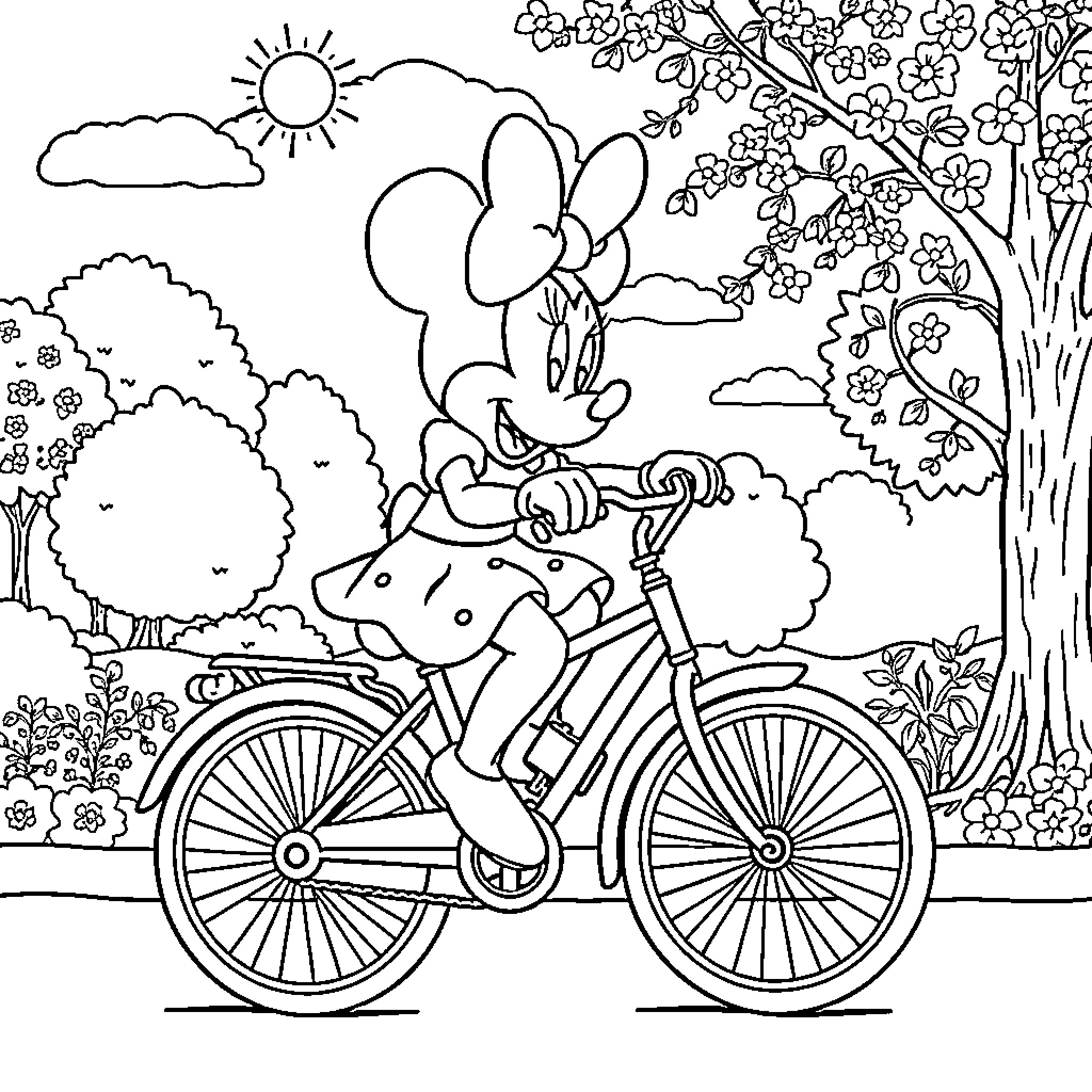 Minnie rides her bicycle through a floral landscape Coloring Page (free black-and-white line drawing printable PDF for all, from beginners to advanced learners, including children, teens, adults, and seniors)