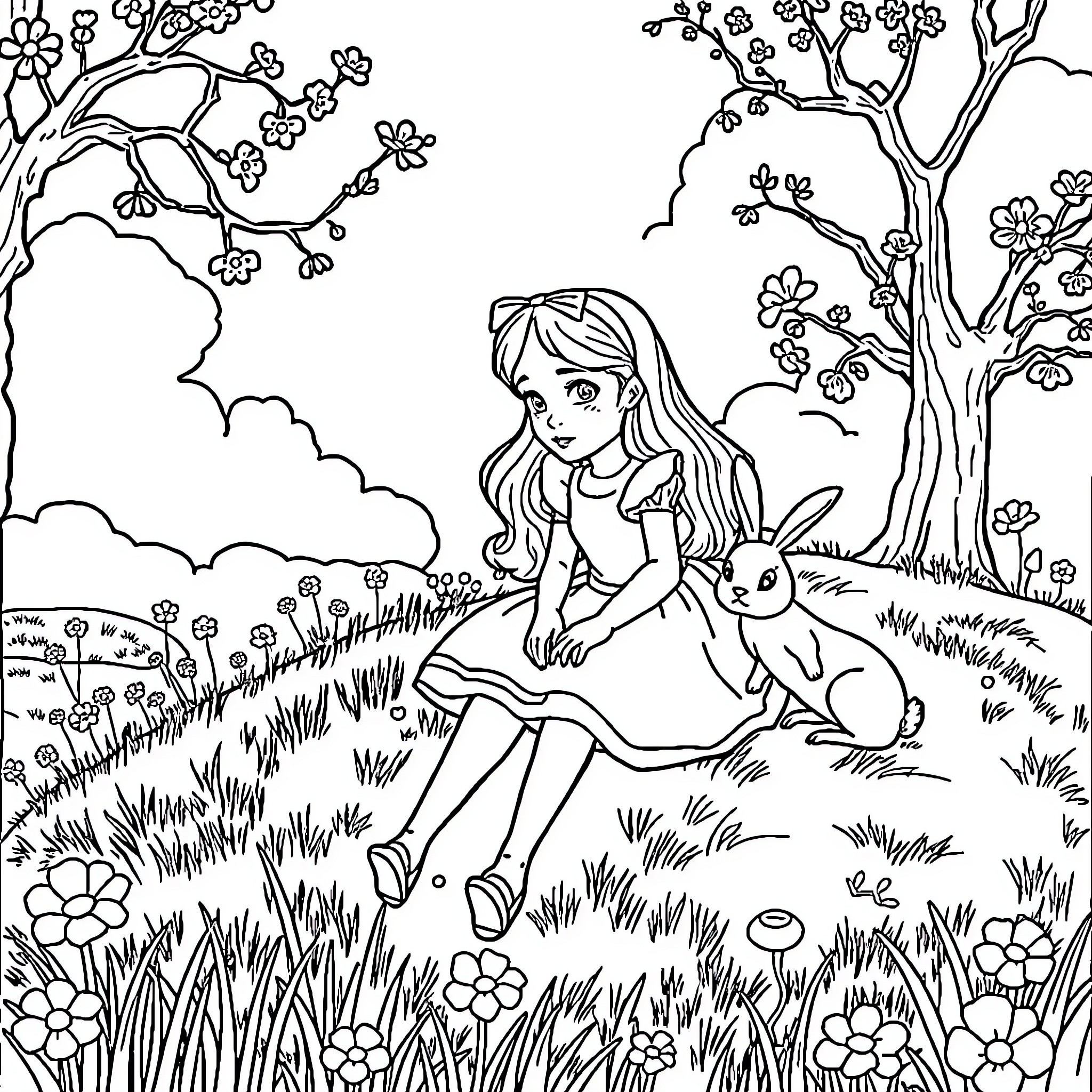 Alice's Peaceful Stroll with Rabbit in Blooming Garden Coloring Page (free black-and-white line drawing printable PDF for all, from beginners to advanced learners, including children, teens, adults, and seniors)