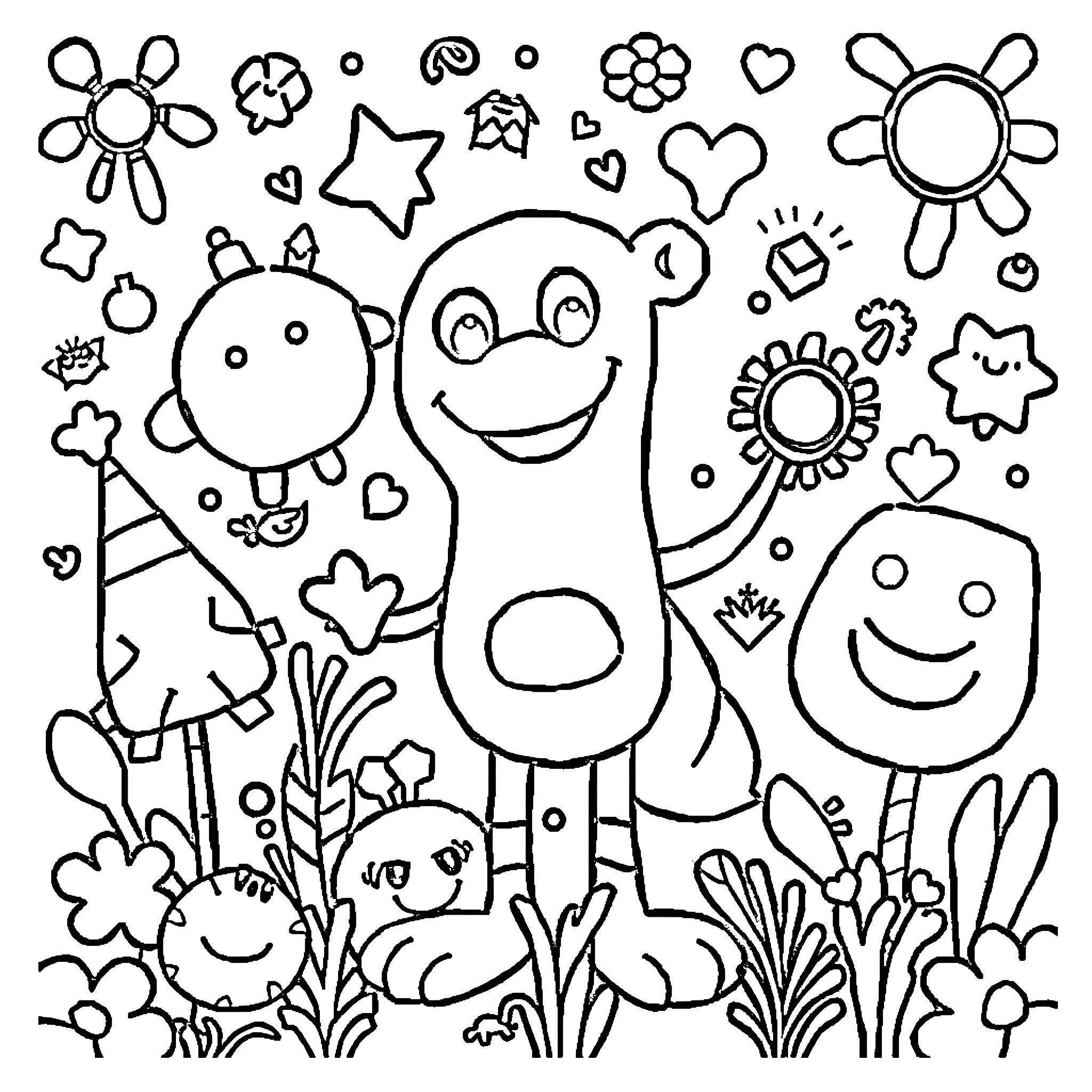 Picture of playful cartoon characters in a garden Coloring Page (free black-and-white line drawing printable PDF for all, from beginners to advanced learners, including children, teens, adults, and seniors)