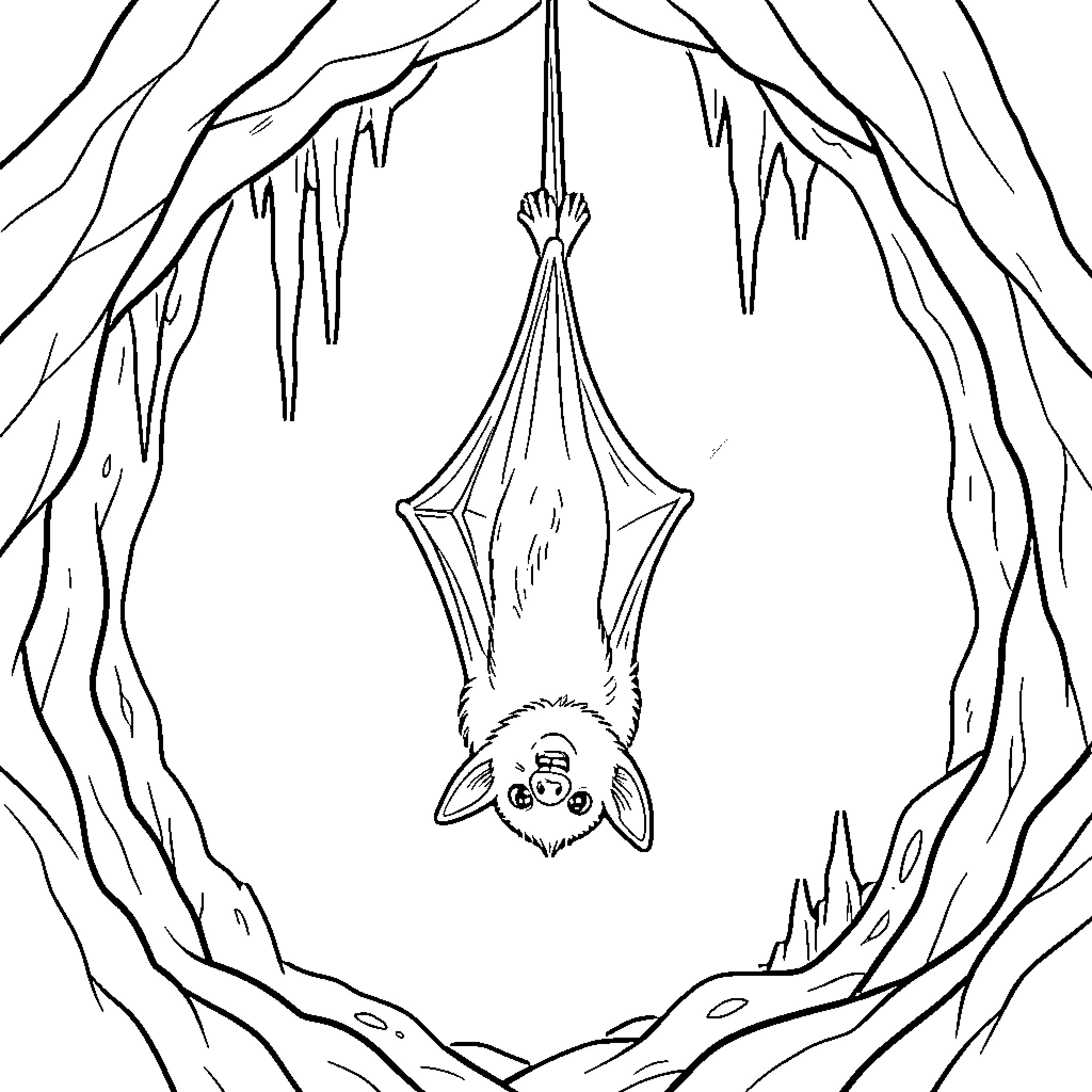 Bat hanging upside down inside a dark cave Coloring Page (free black-and-white line drawing printable PDF for all, from beginners to advanced learners, including children, teens, adults, and seniors)