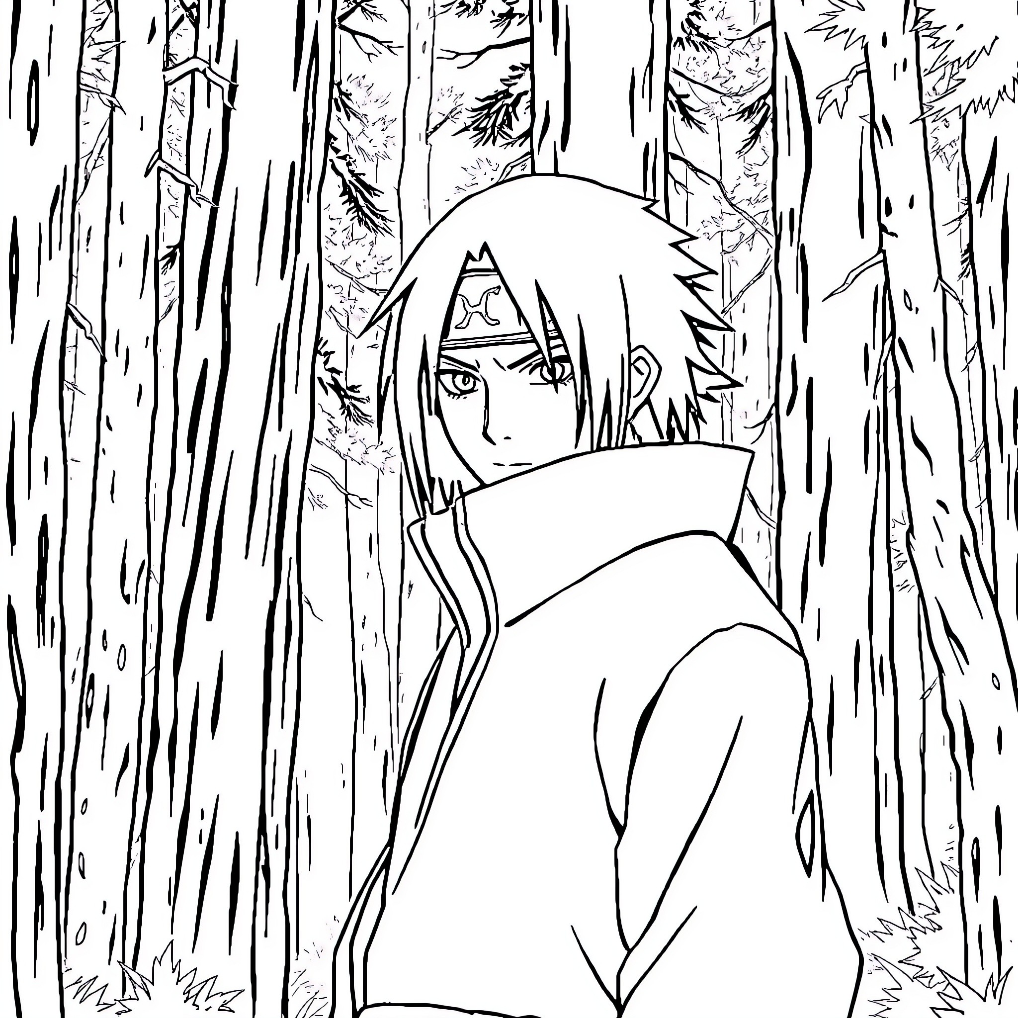 Itachi Uchiha in a Mysterious Forest Landscape Coloring Page (free black-and-white line drawing printable PDF for all, from beginners to advanced learners, including children, teens, adults, and seniors)