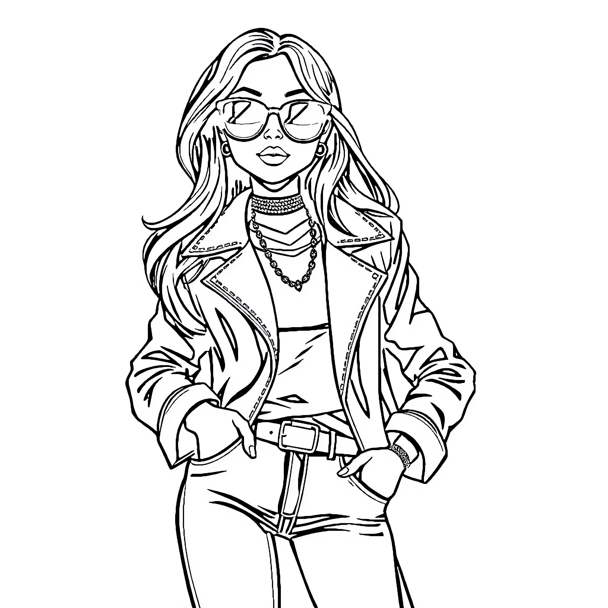Girl in stylish outfit and sunglasses Coloring Page (free black-and-white line drawing printable PDF for all, from beginners to advanced learners, including children, teens, adults, and seniors)