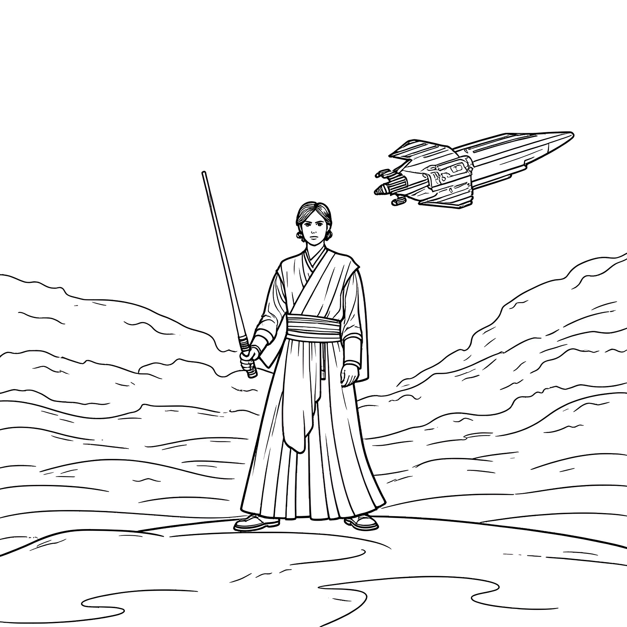 Jedi Knight in training on distant planet Coloring Page (free black-and-white line drawing printable PDF for all, from beginners to advanced learners, including children, teens, adults, and seniors)