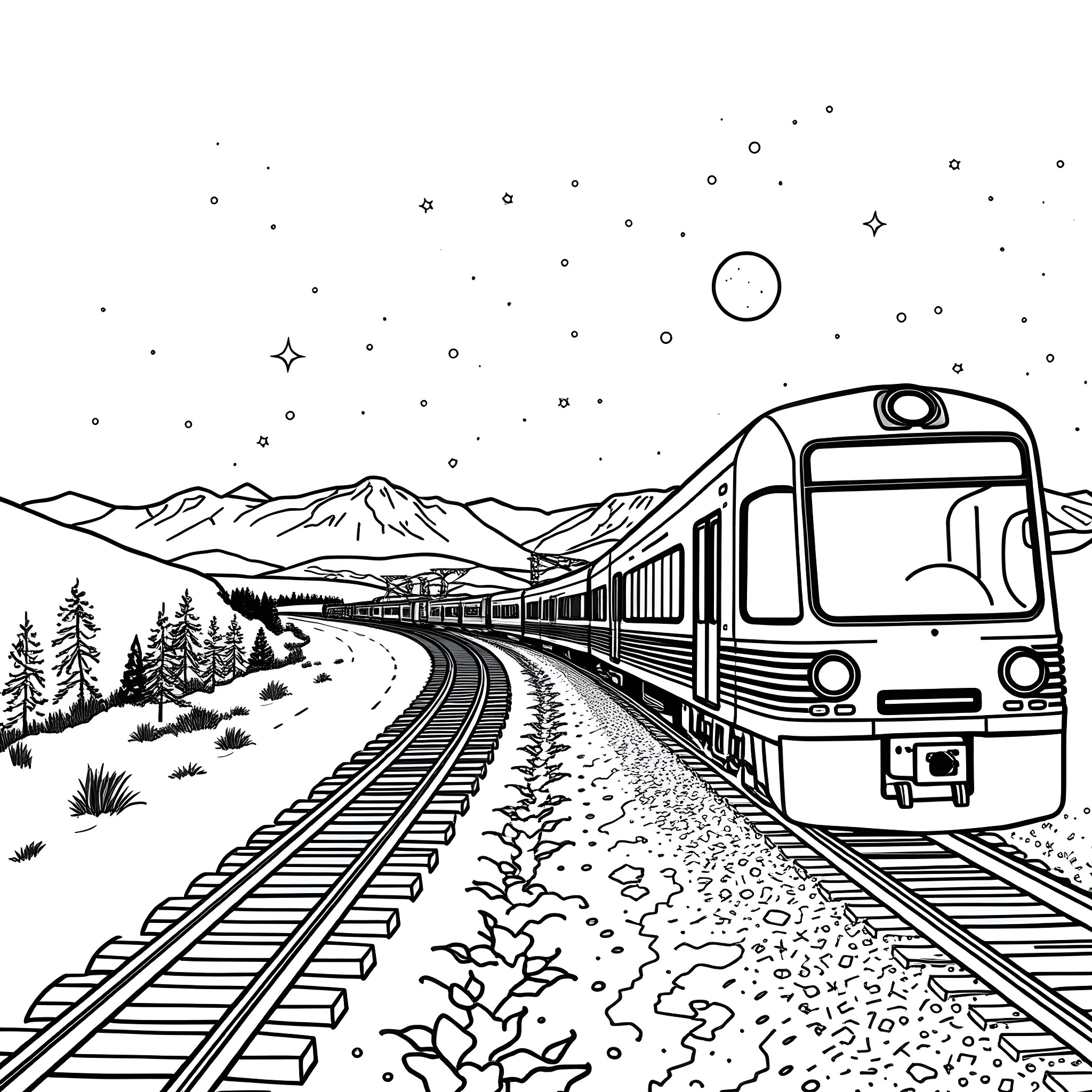 Train journey through scenic mountain landscape Coloring Page (free black-and-white line drawing printable PDF for all, from beginners to advanced learners, including children, teens, adults, and seniors)
