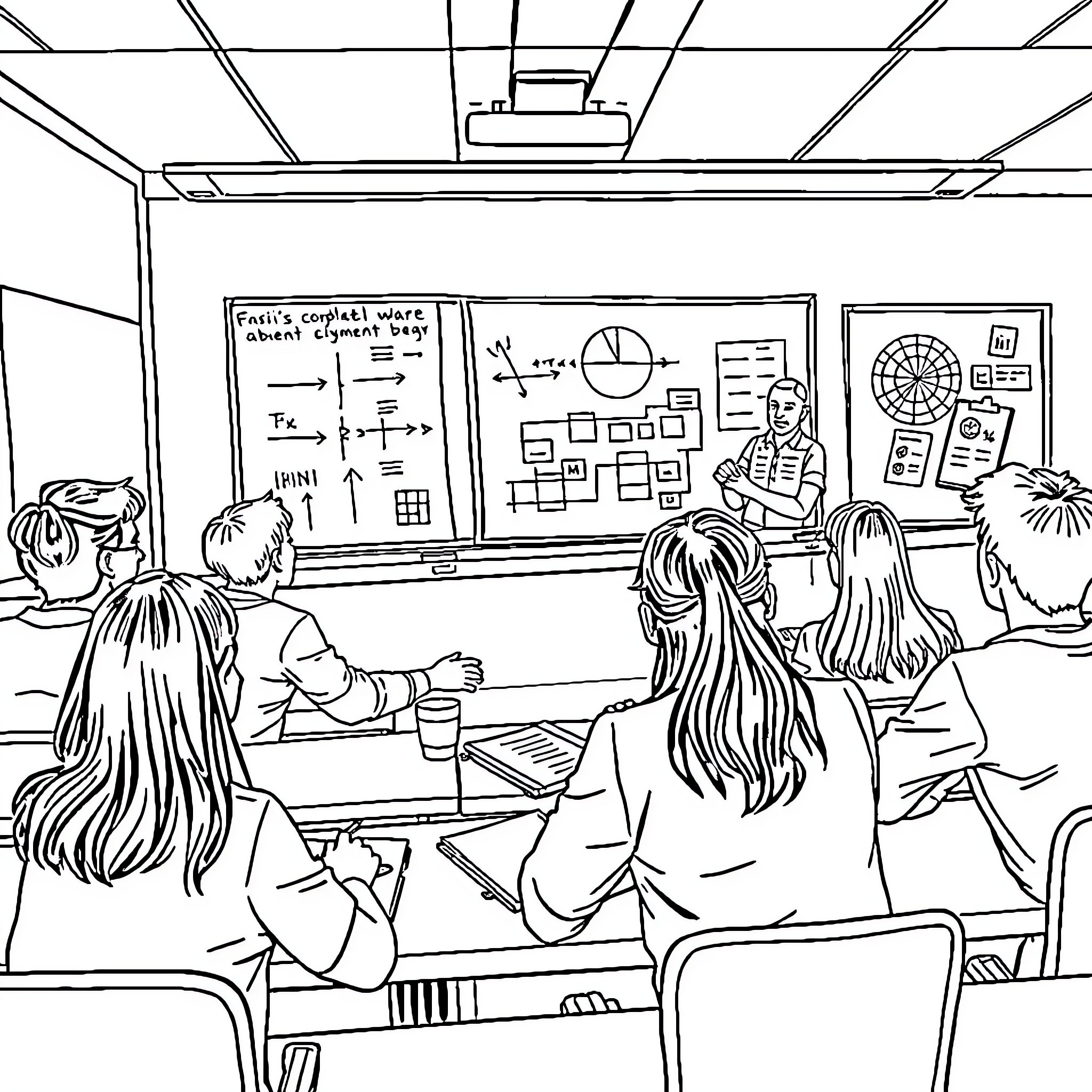 Physics students in a classroom learning and discussing Coloring Page (free black-and-white line drawing printable PDF for all, from beginners to advanced learners, including children, teens, adults, and seniors)