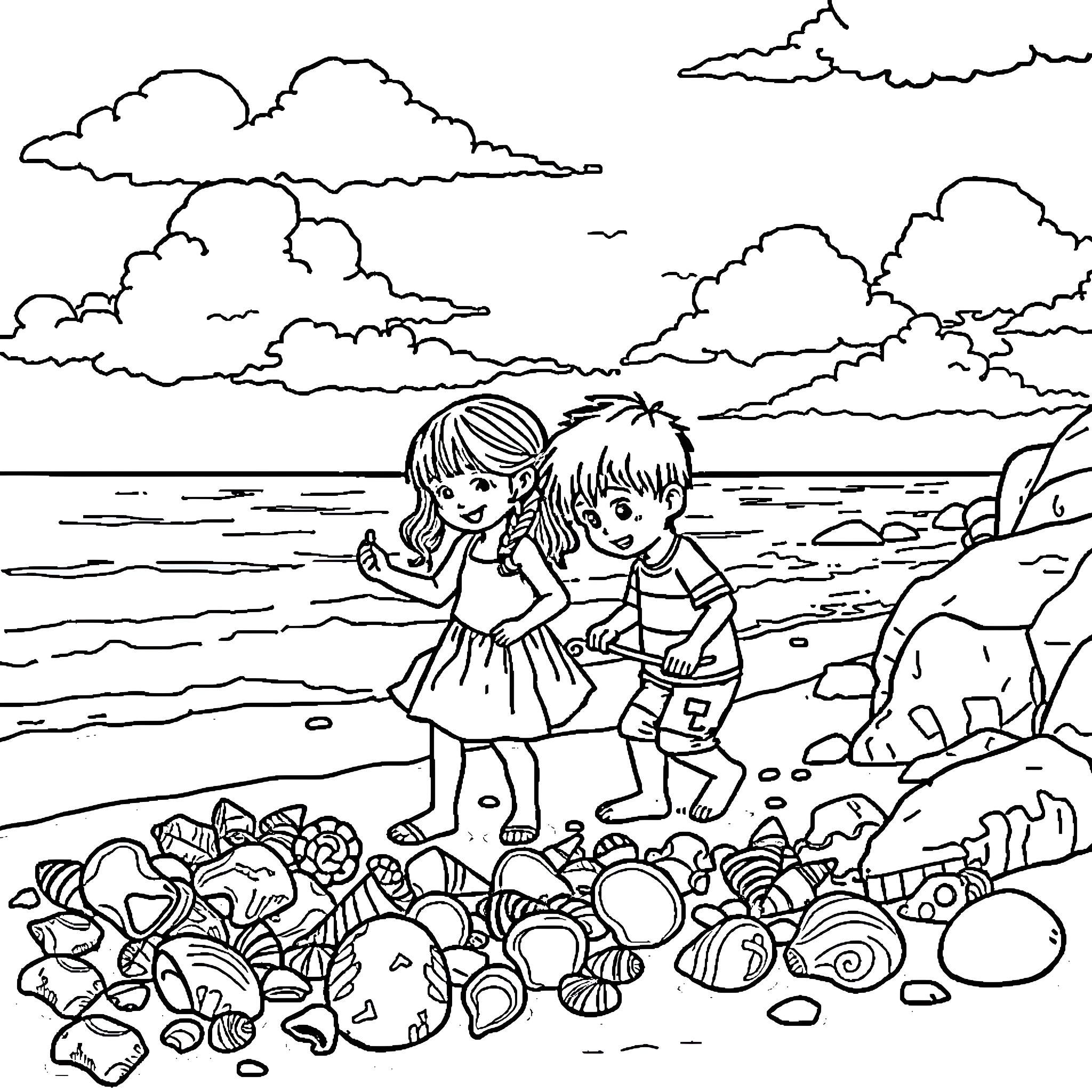 Child exploring seashore with friend Coloring Page (free black-and-white line drawing printable PDF for all, from beginners to advanced learners, including children, teens, adults, and seniors)