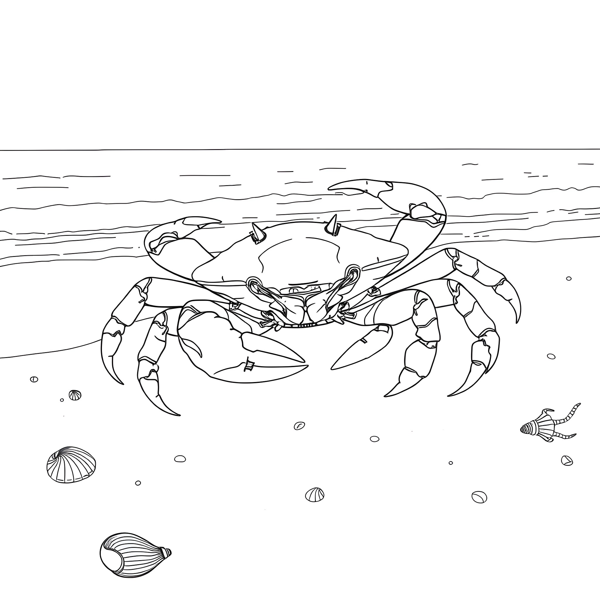 King Crab exploring the ocean floor Coloring Page (free black-and-white line drawing printable PDF for all, from beginners to advanced learners, including children, teens, adults, and seniors)