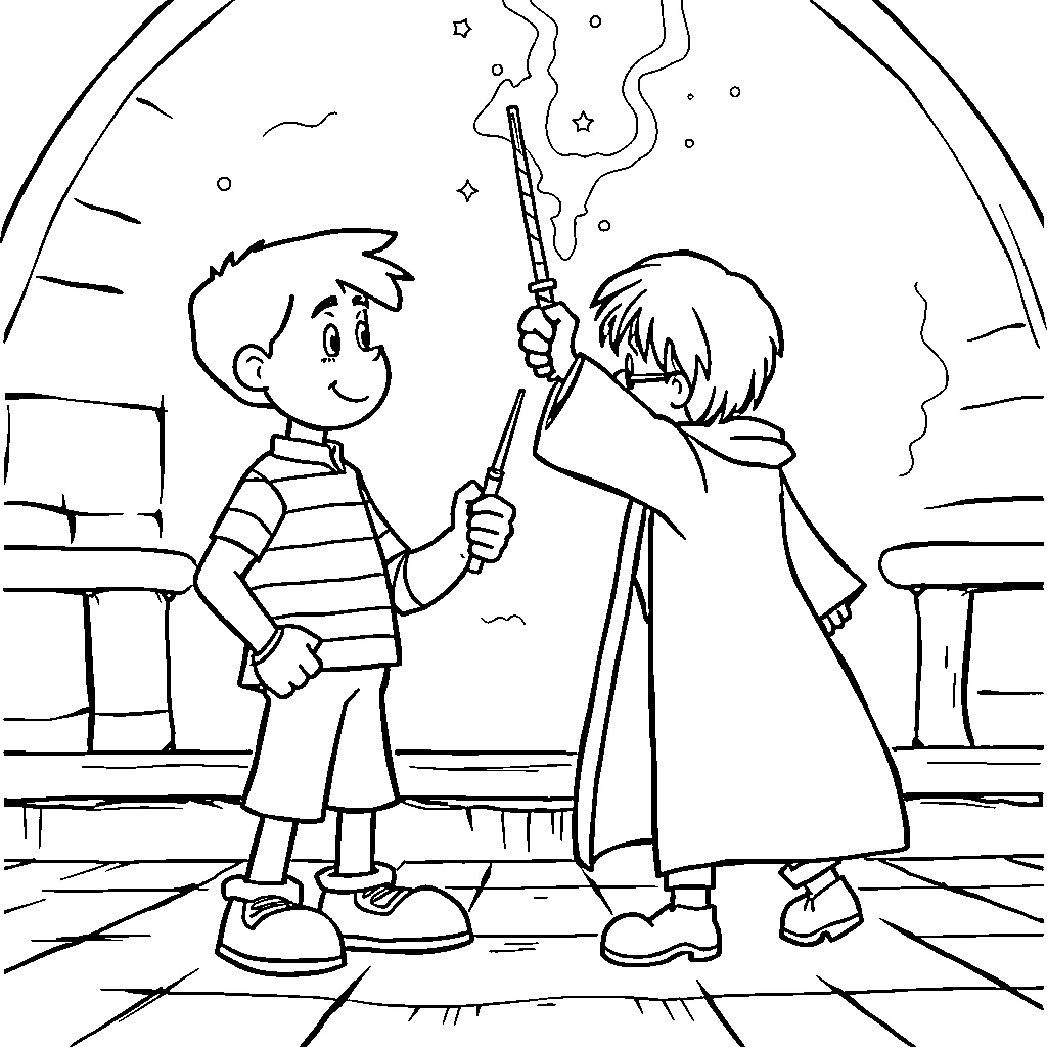 Steve and friend playing with magic wands Coloring Page (free black-and-white line drawing printable PDF for all, from beginners to advanced learners, including children, teens, adults, and seniors)