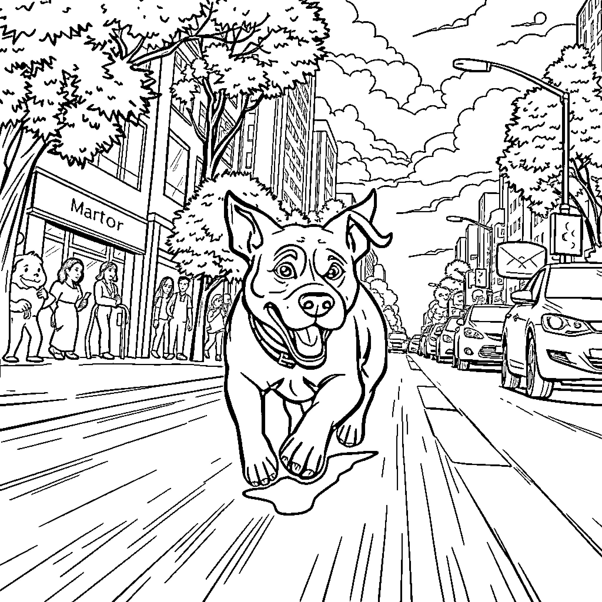 Dog running happily through a busy city street Coloring Page (free black-and-white line drawing printable PDF for all, from beginners to advanced learners, including children, teens, adults, and seniors)