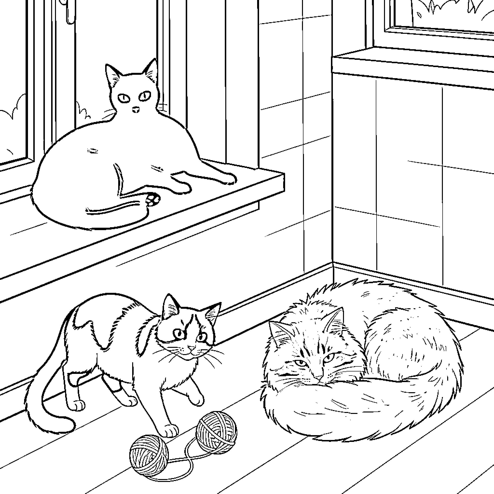 Cats resting and playing indoors Coloring Page (free black-and-white line drawing printable PDF for all, from beginners to advanced learners, including children, teens, adults, and seniors)