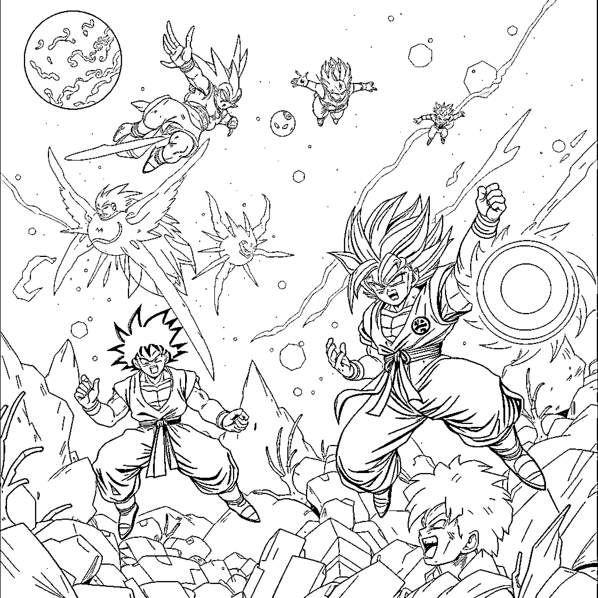 Dragon Ball Z: Intense Battles and Transformations Coloring Page (free black-and-white line drawing printable PDF for all, from beginners to advanced learners, including children, teens, adults, and seniors)