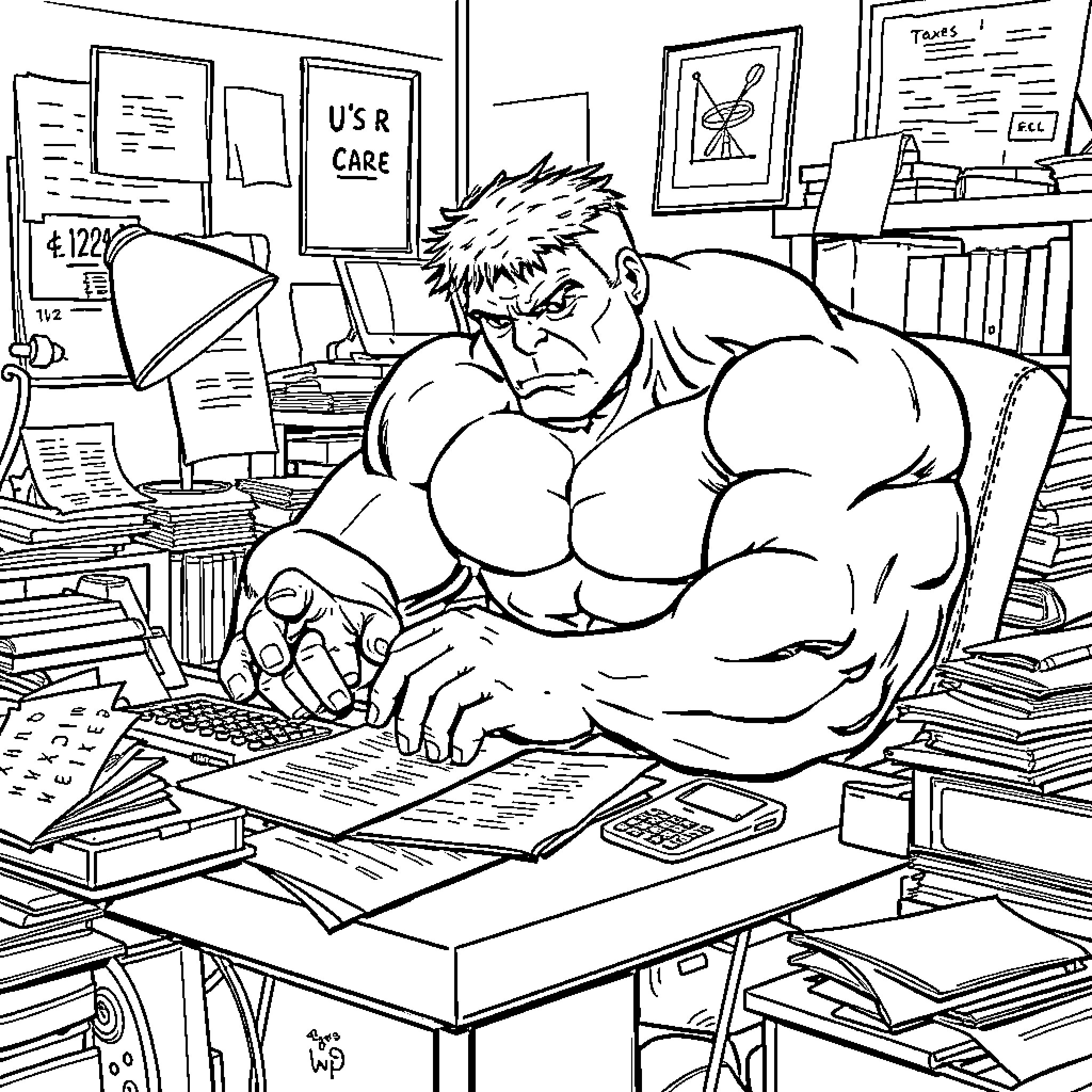 Hulk at Work: Muscle-Bound Hero in Office Chaos Coloring Page (free black-and-white line drawing printable PDF for all, from beginners to advanced learners, including children, teens, adults, and seniors)