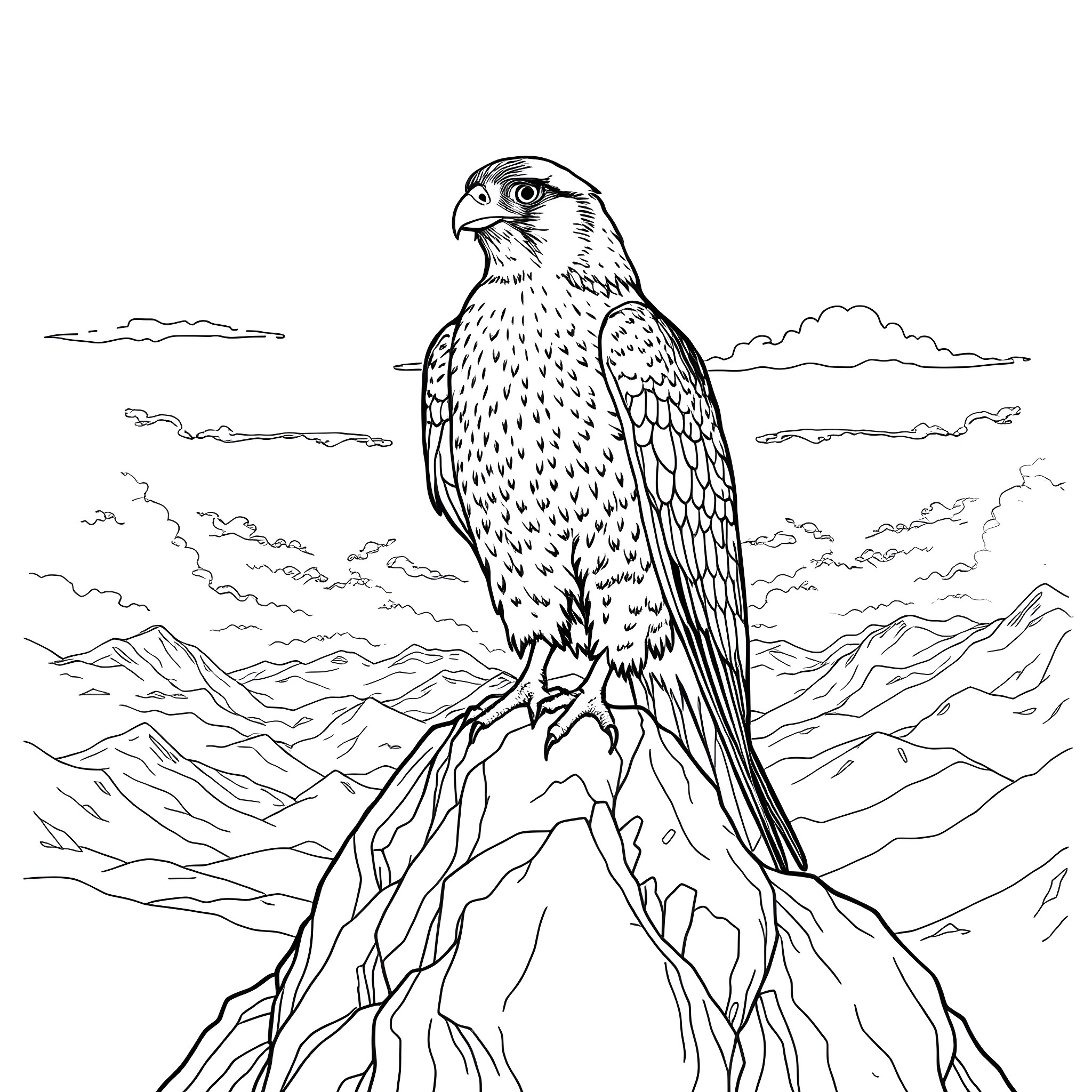 Falcon Perching Majestically on Rocky Outcrop Coloring Page (free black-and-white line drawing printable PDF for all, from beginners to advanced learners, including children, teens, adults, and seniors)