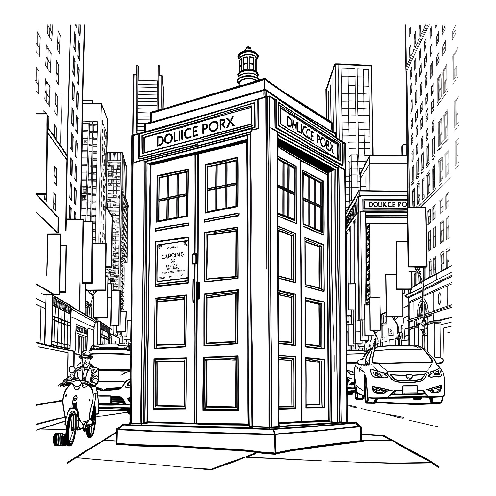 Doctor's police box in the city Coloring Page (free black-and-white line drawing printable PDF for all, from beginners to advanced learners, including children, teens, adults, and seniors)
