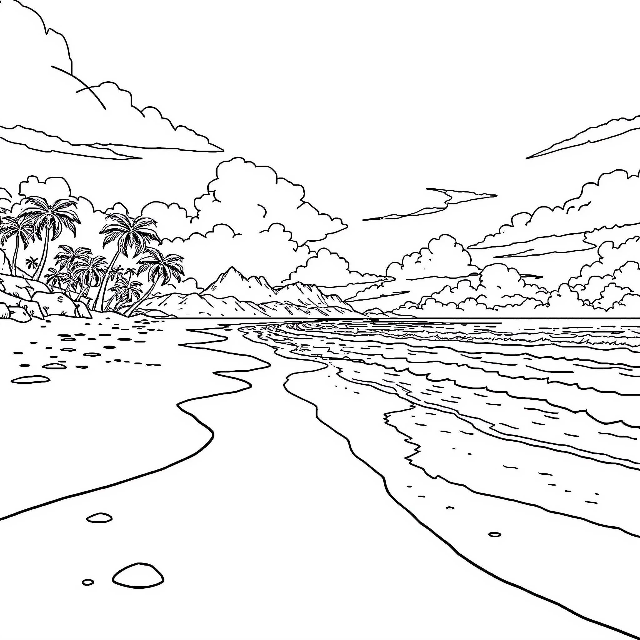 Moana exploring a tranquil tropical beach landscape Coloring Page (free black-and-white line drawing printable PDF for all, from beginners to advanced learners, including children, teens, adults, and seniors)