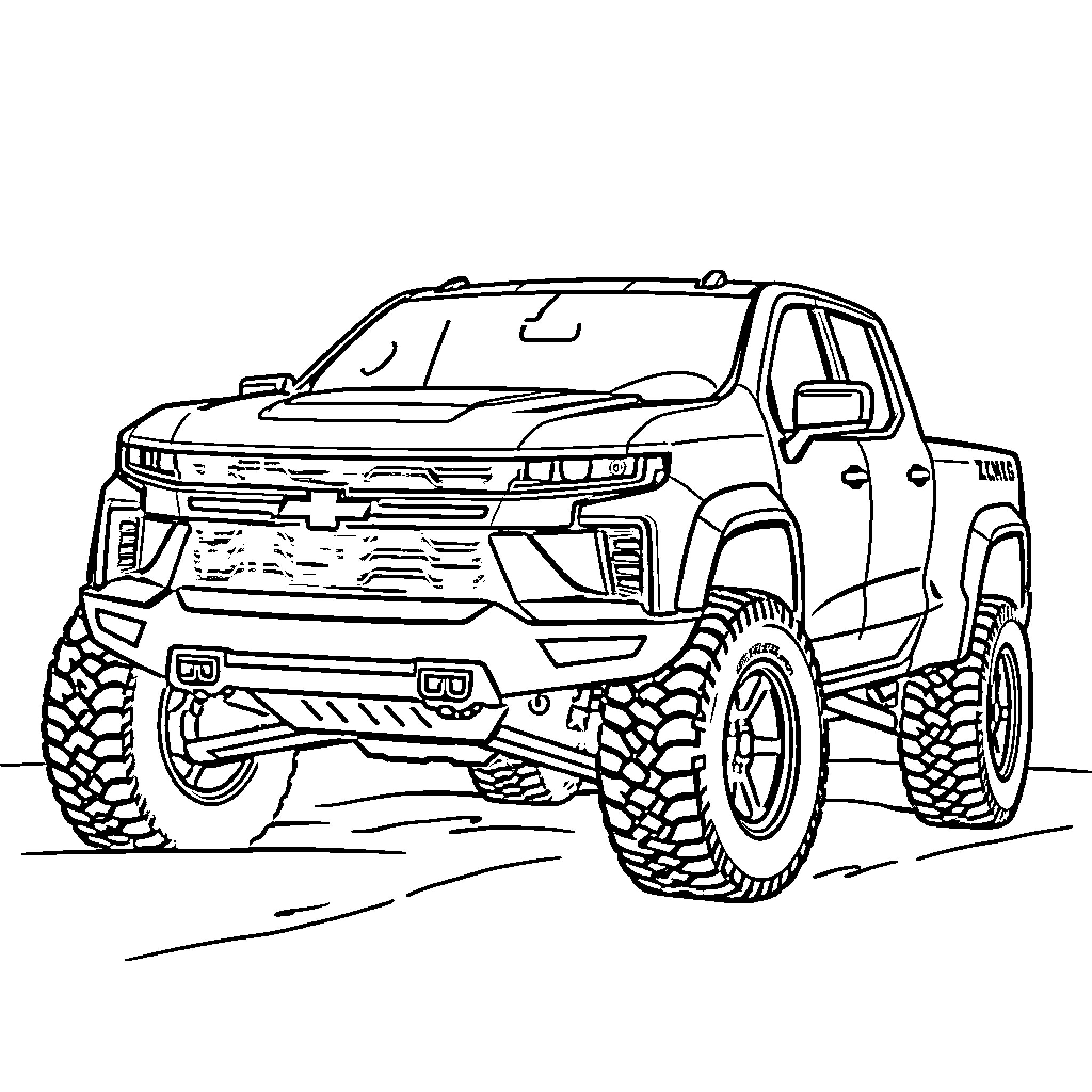 Chevy ZR2 off-road truck in rugged terrain Coloring Page (free black-and-white line drawing printable PDF for all, from beginners to advanced learners, including children, teens, adults, and seniors)