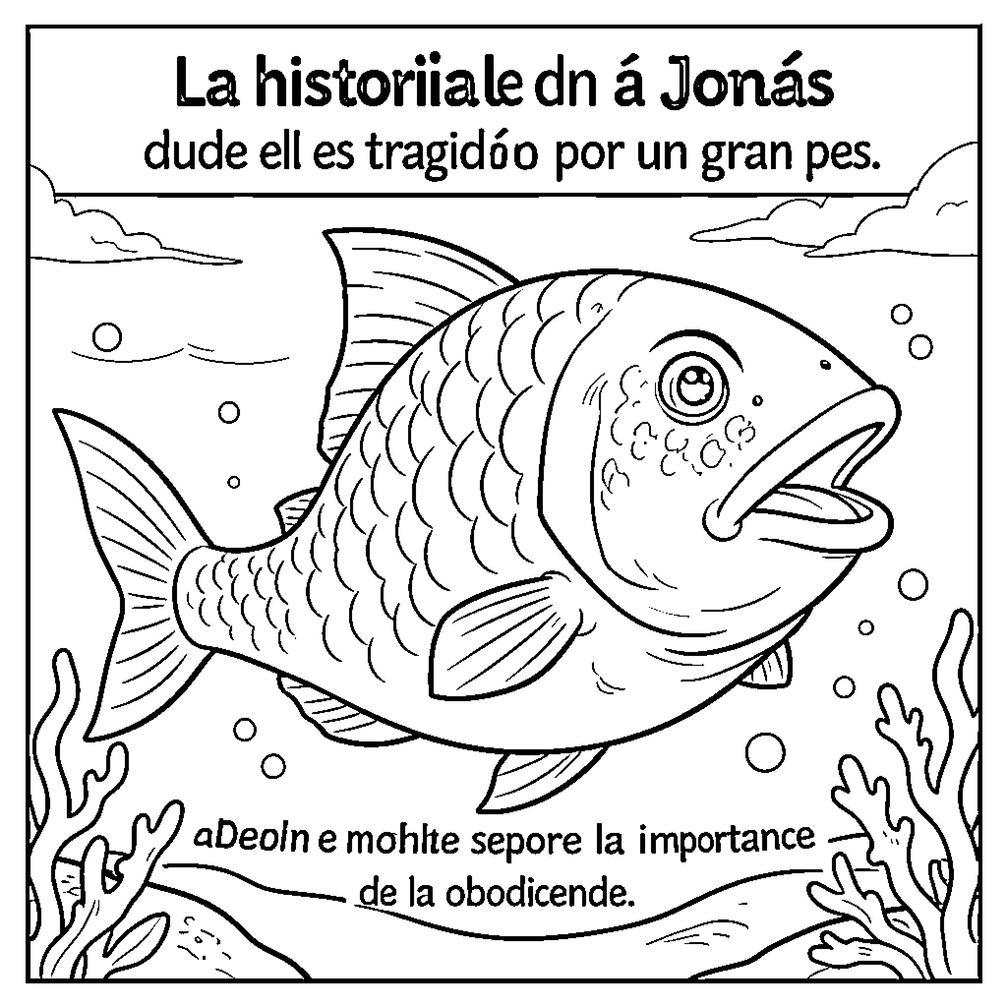 Jonas' Underwater Adventure with a Talking Fish Coloring Page (free black-and-white line drawing printable PDF for all, from beginners to advanced learners, including children, teens, adults, and seniors)