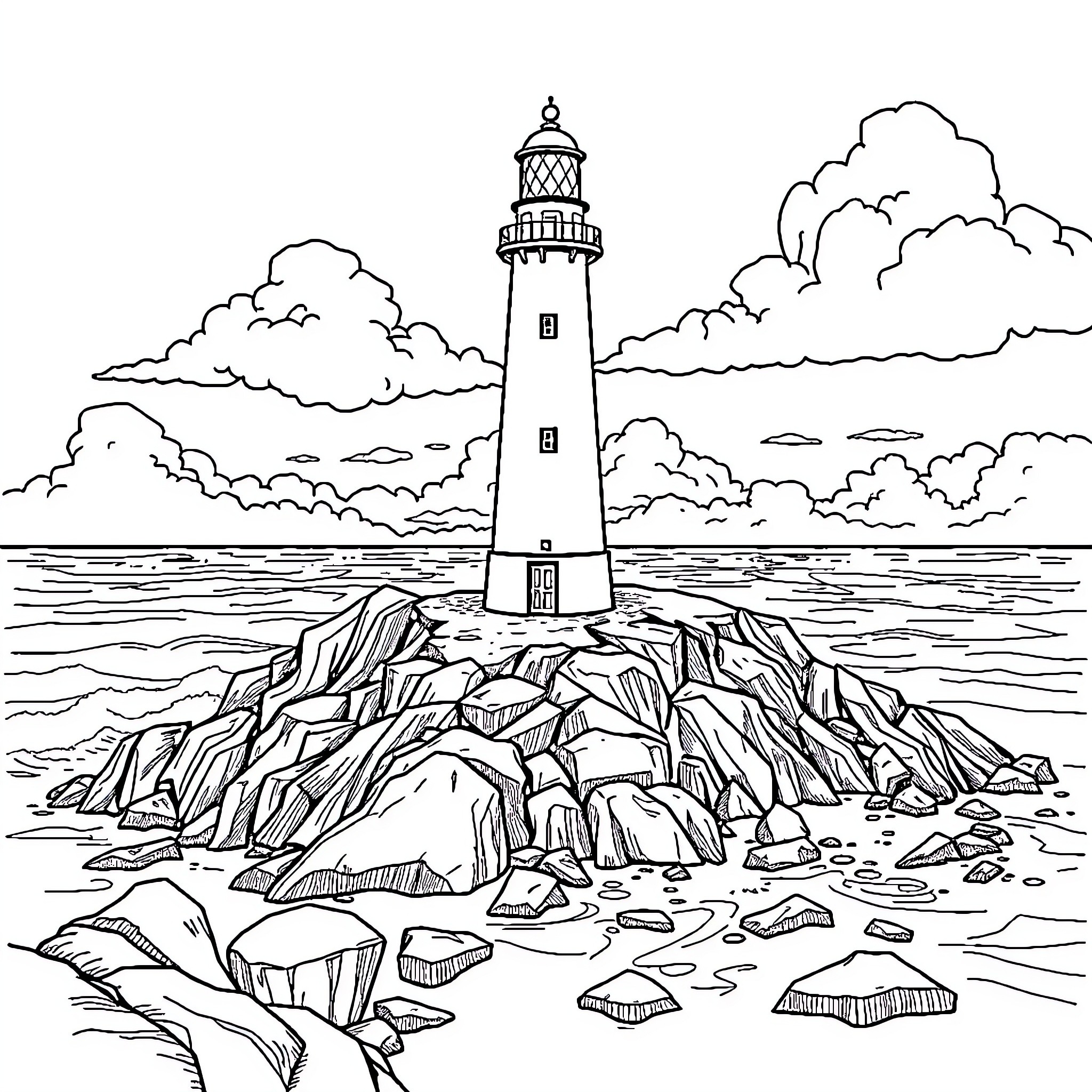 Lighthouse overlooking a rocky seascape Coloring Page (free black-and-white line drawing printable PDF for all, from beginners to advanced learners, including children, teens, adults, and seniors)