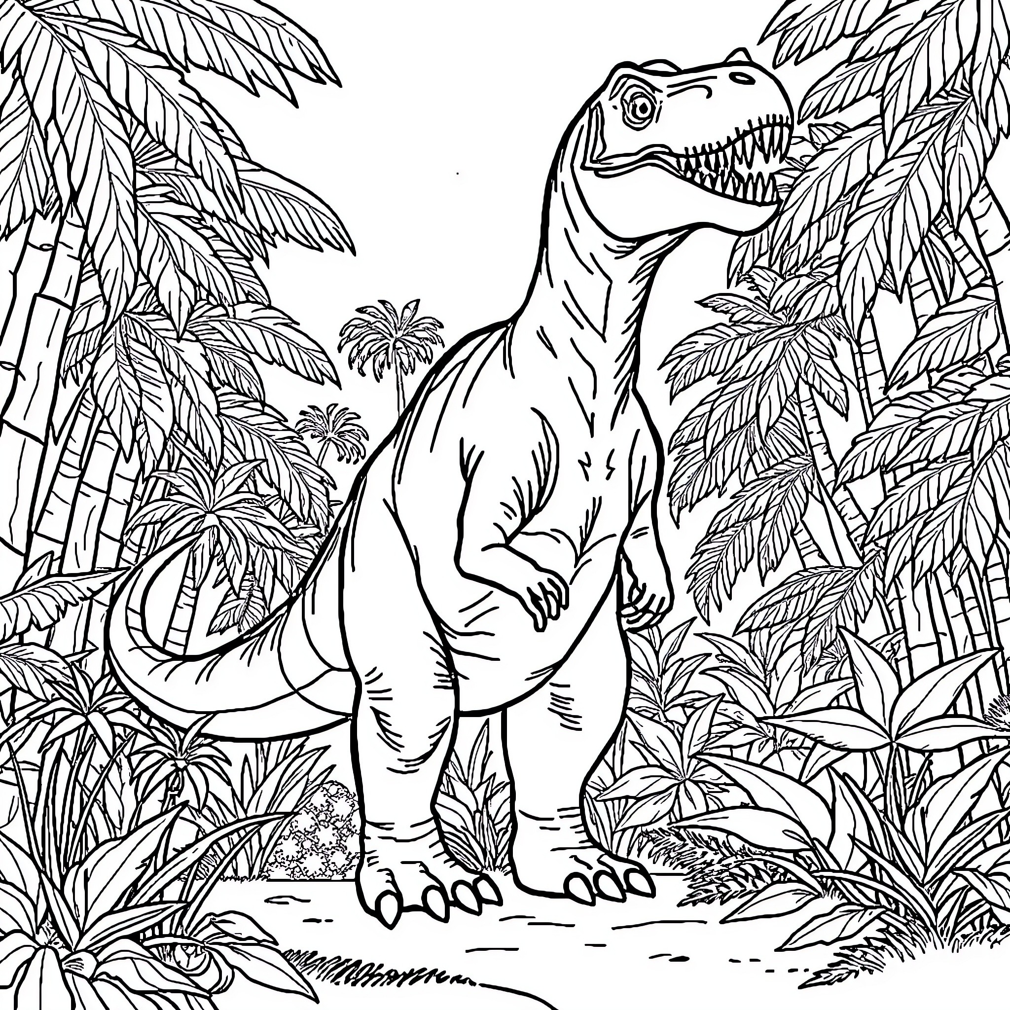 Dinosaur in a lush, tropical jungle Coloring Page (free black-and-white line drawing printable PDF for all, from beginners to advanced learners, including children, teens, adults, and seniors)