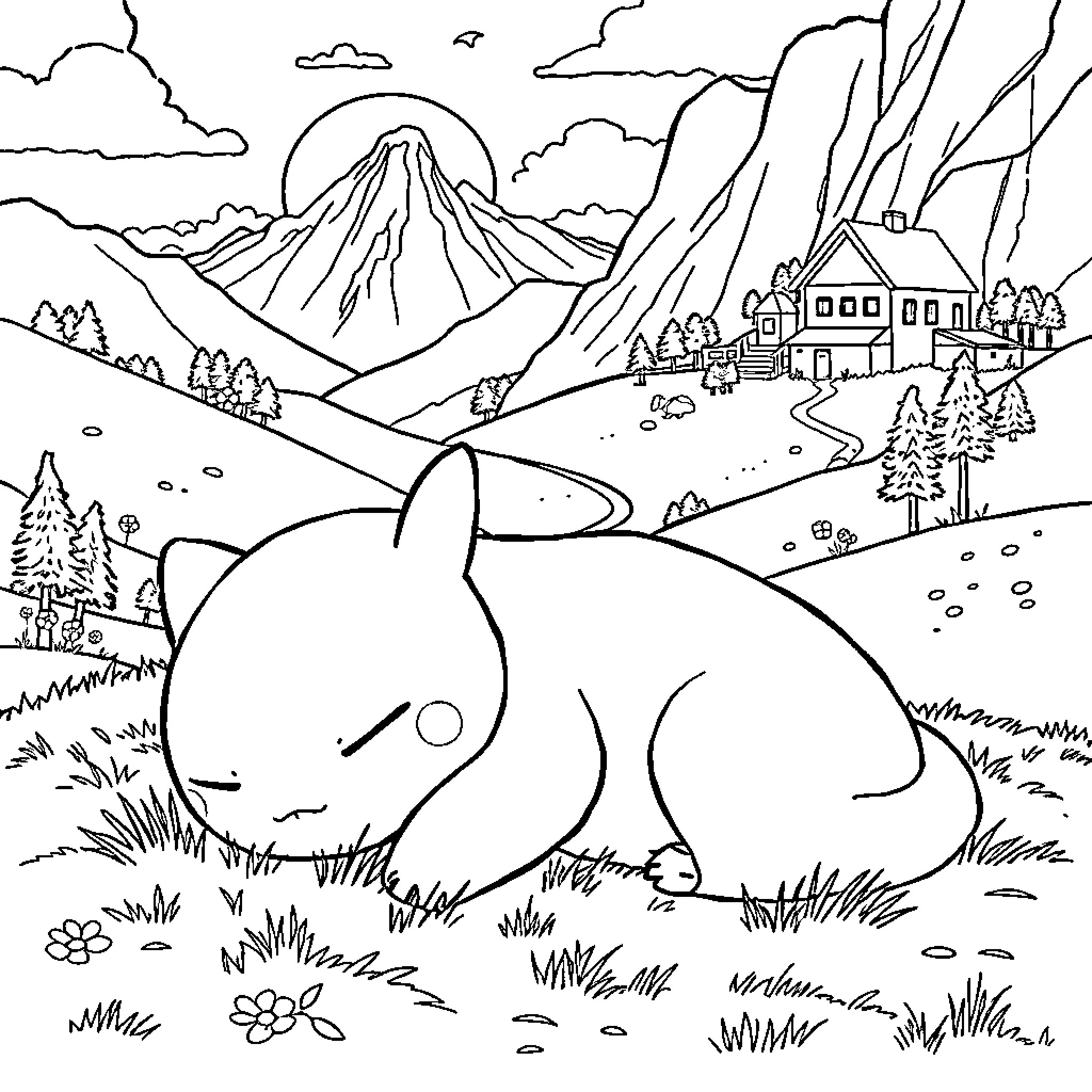 Snorlax napping peacefully in the idyllic countryside Coloring Page (free black-and-white line drawing printable PDF for all, from beginners to advanced learners, including children, teens, adults, and seniors)