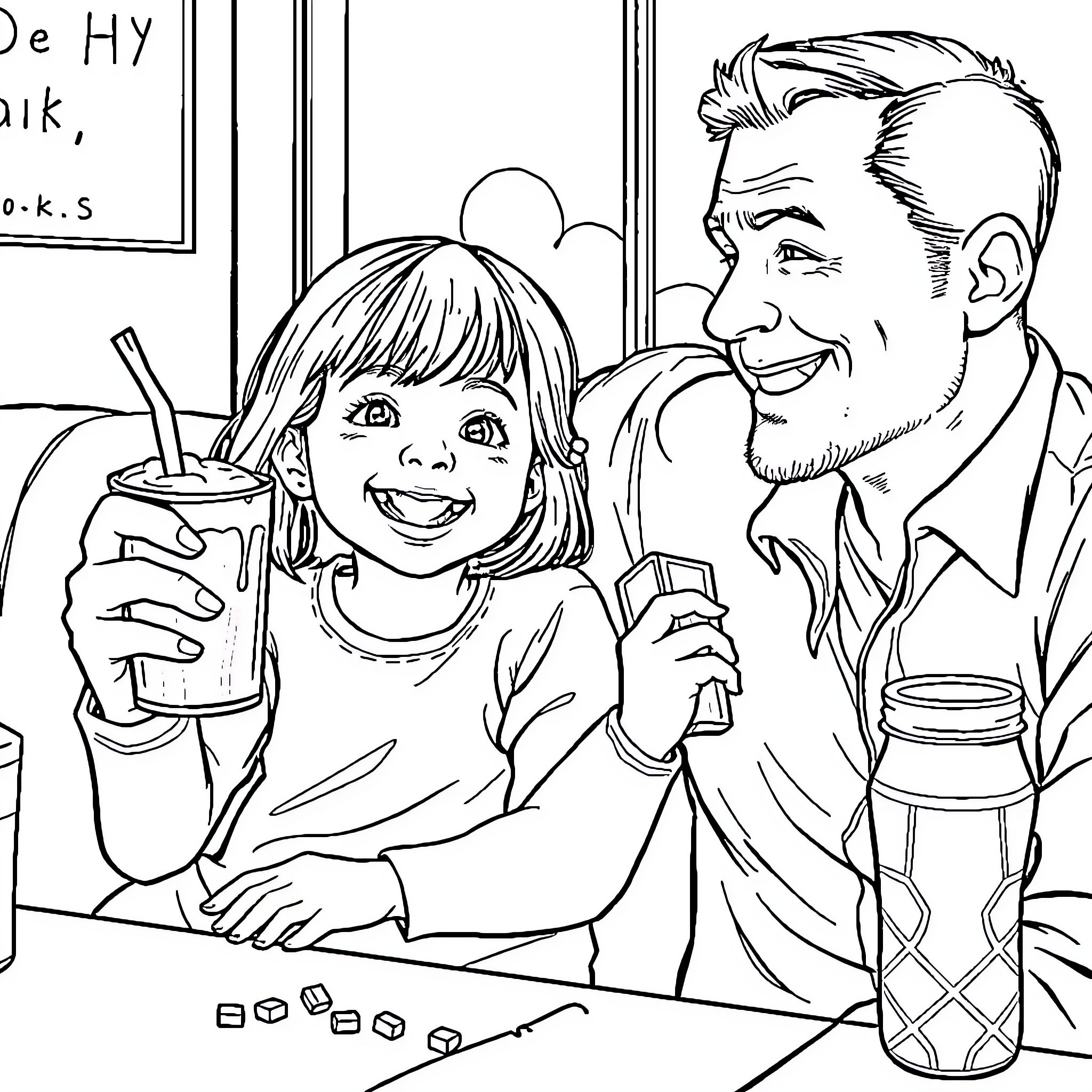 Girl enjoys snack with father at diner Coloring Page (free black-and-white line drawing printable PDF for all, from beginners to advanced learners, including children, teens, adults, and seniors)
