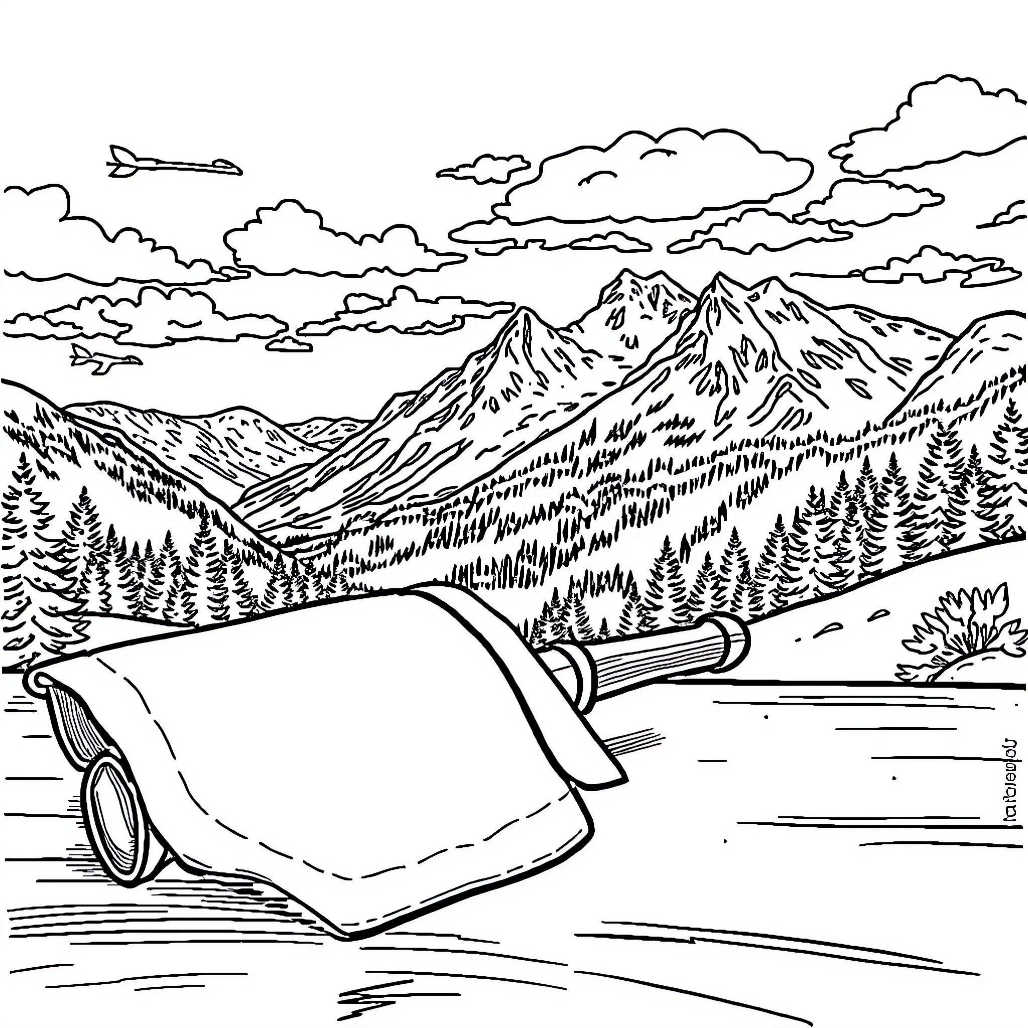 Swiss Knife Outdoors Adventure in the Mountains Coloring Page (free black-and-white line drawing printable PDF for all, from beginners to advanced learners, including children, teens, adults, and seniors)