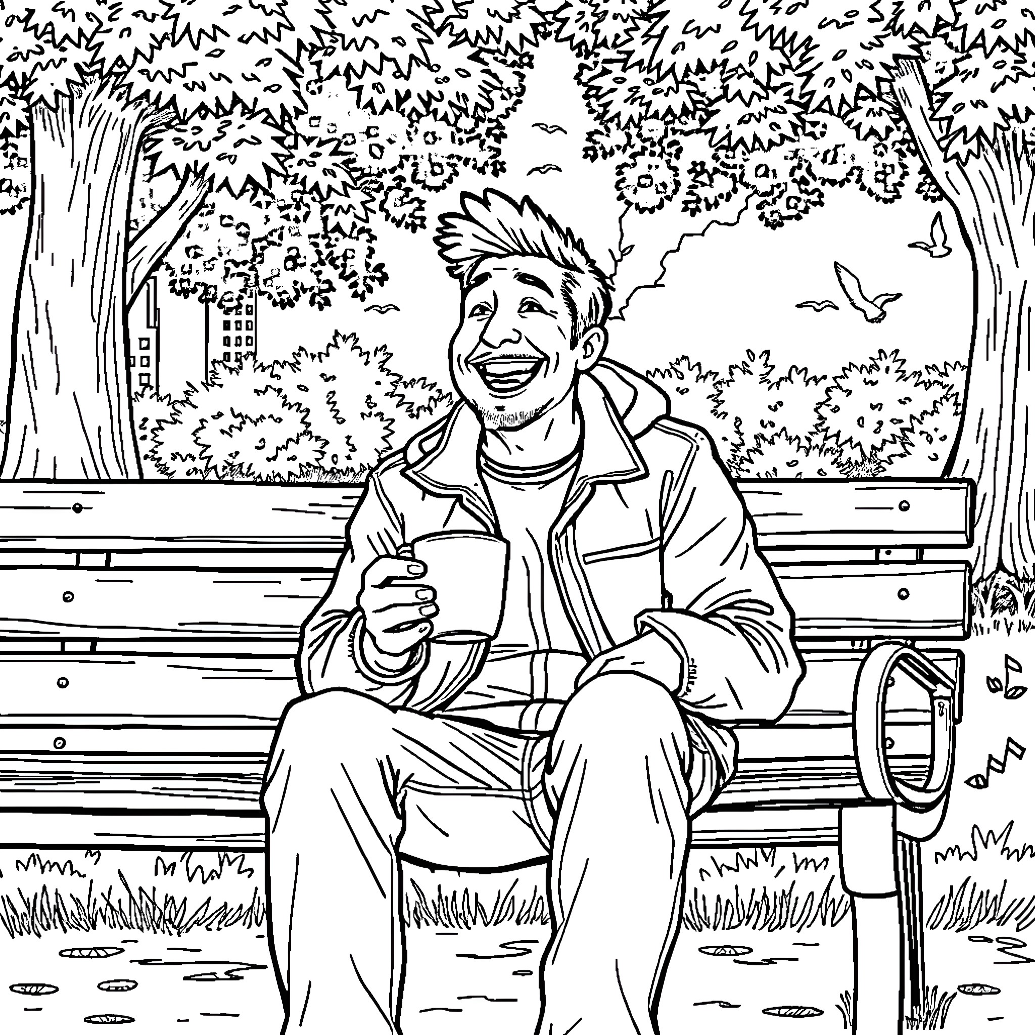 Male enjoying a warm day in the park Coloring Page (free black-and-white line drawing printable PDF for all, from beginners to advanced learners, including children, teens, adults, and seniors)