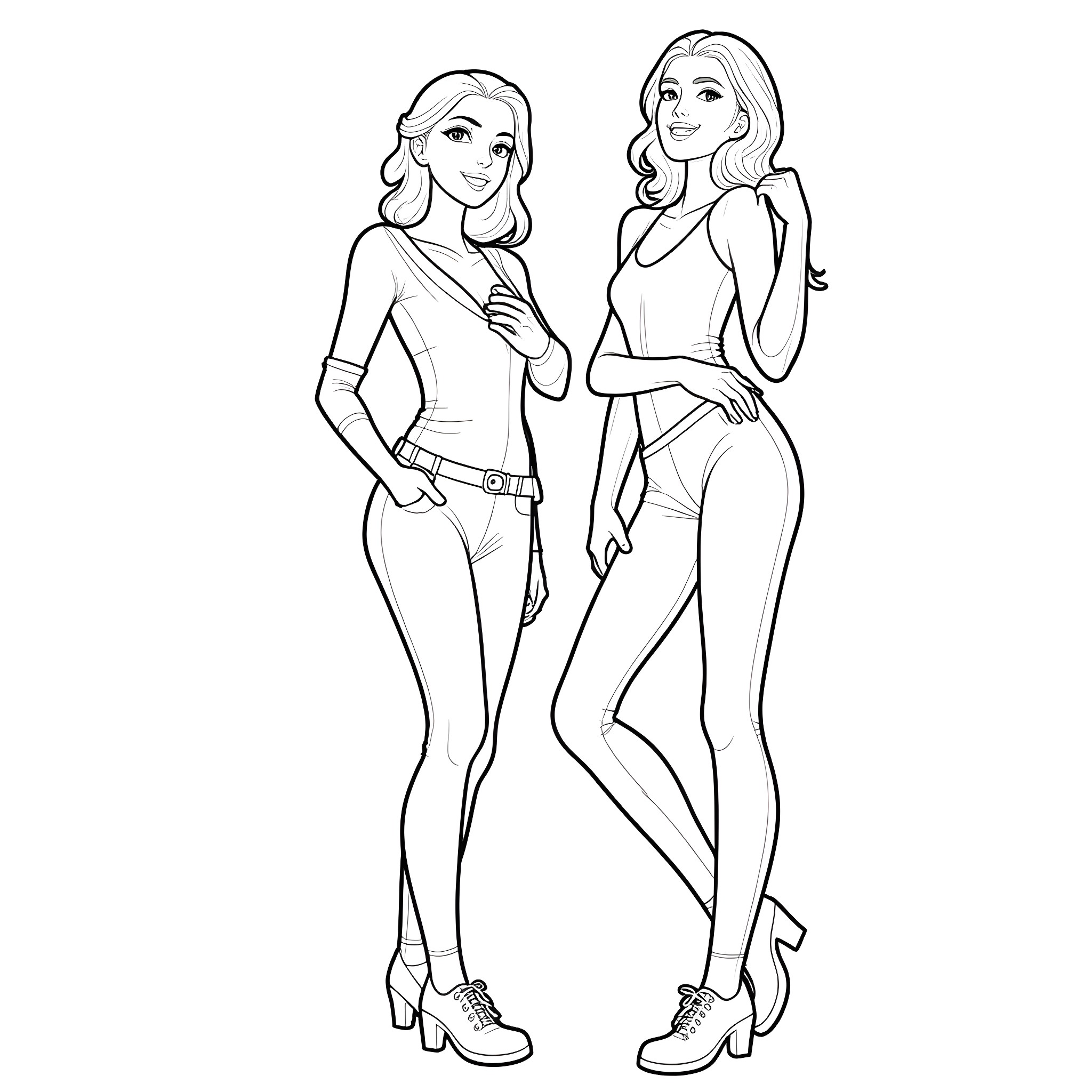 Model posing in stylish outfits Coloring Page (free black-and-white line drawing printable PDF for all, from beginners to advanced learners, including children, teens, adults, and seniors)