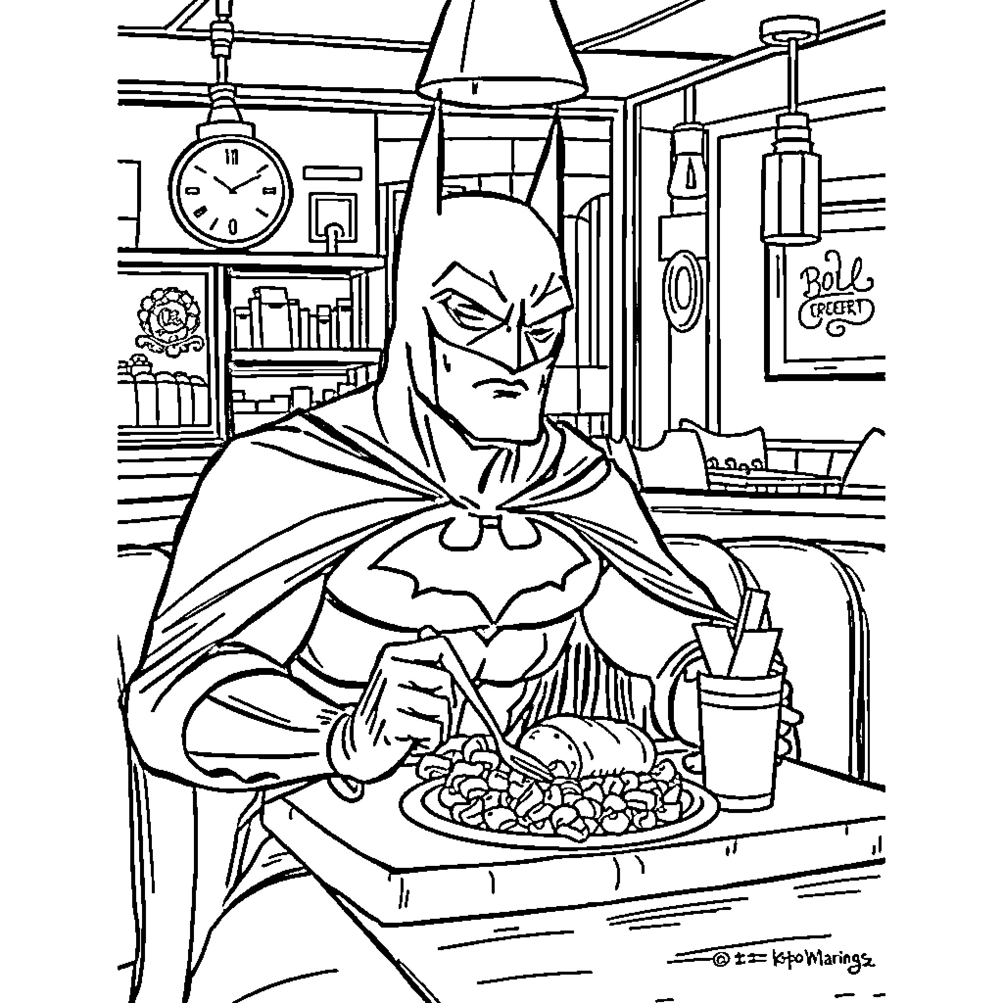 Batman enjoying a hearty meal in his hideout Coloring Page (free black-and-white line drawing printable PDF for all, from beginners to advanced learners, including children, teens, adults, and seniors)