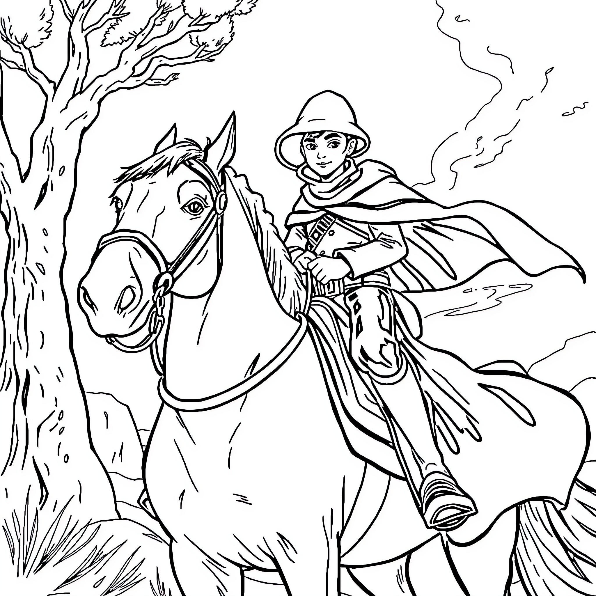 Zorro riding his horse through the wilderness Coloring Page (free black-and-white line drawing printable PDF for all, from beginners to advanced learners, including children, teens, adults, and seniors)
