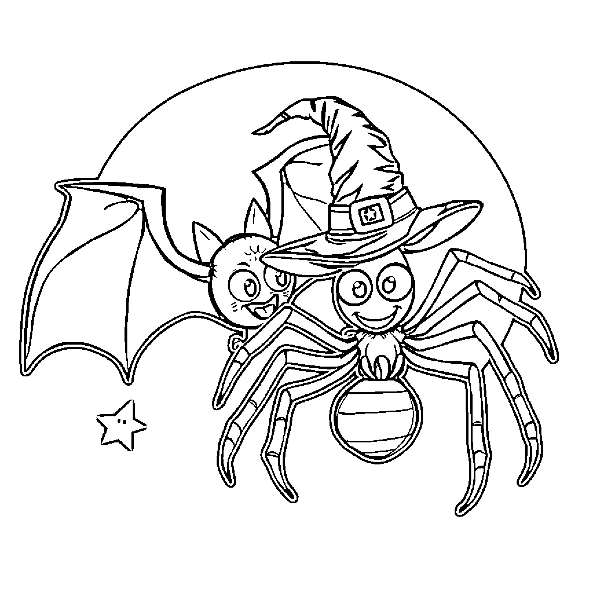 Bat wearing a witch hat and a spider costume Coloring Page (free black-and-white line drawing printable PDF for all, from beginners to advanced learners, including children, teens, adults, and seniors)