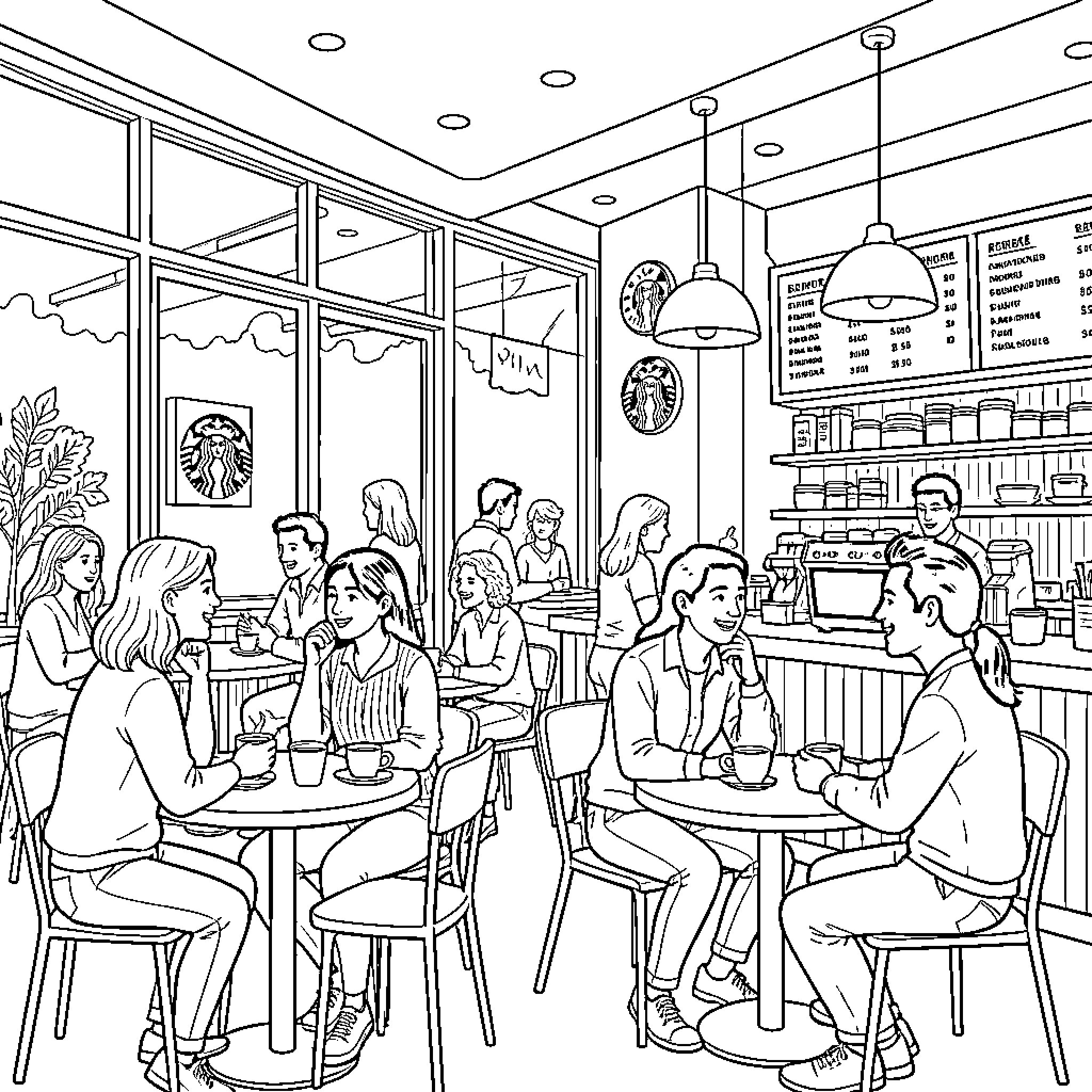 Starbucks customers chatting and enjoying drinks at tables Coloring Page (free black-and-white line drawing printable PDF for all, from beginners to advanced learners, including children, teens, adults, and seniors)
