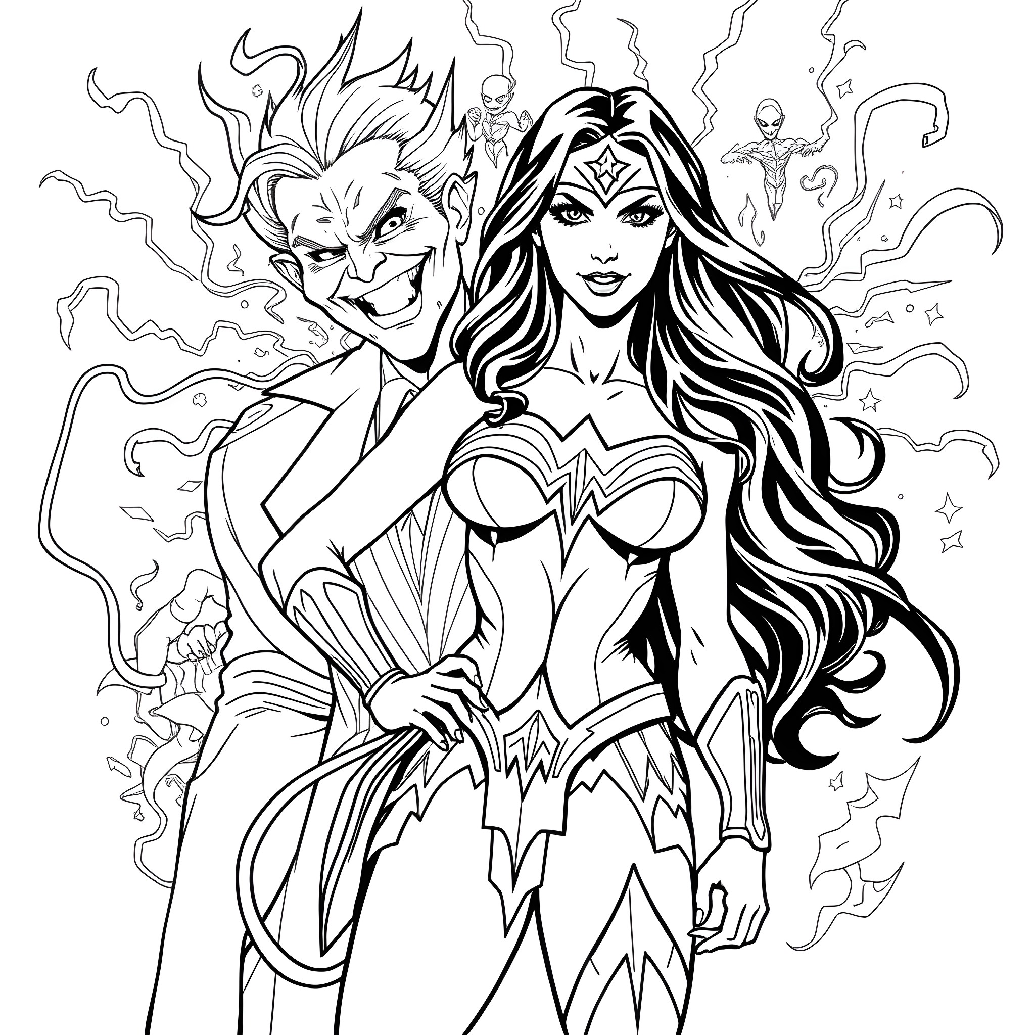 Wonder Woman and the Joker in Action Coloring Page (free black-and-white line drawing printable PDF for all, from beginners to advanced learners, including children, teens, adults, and seniors)