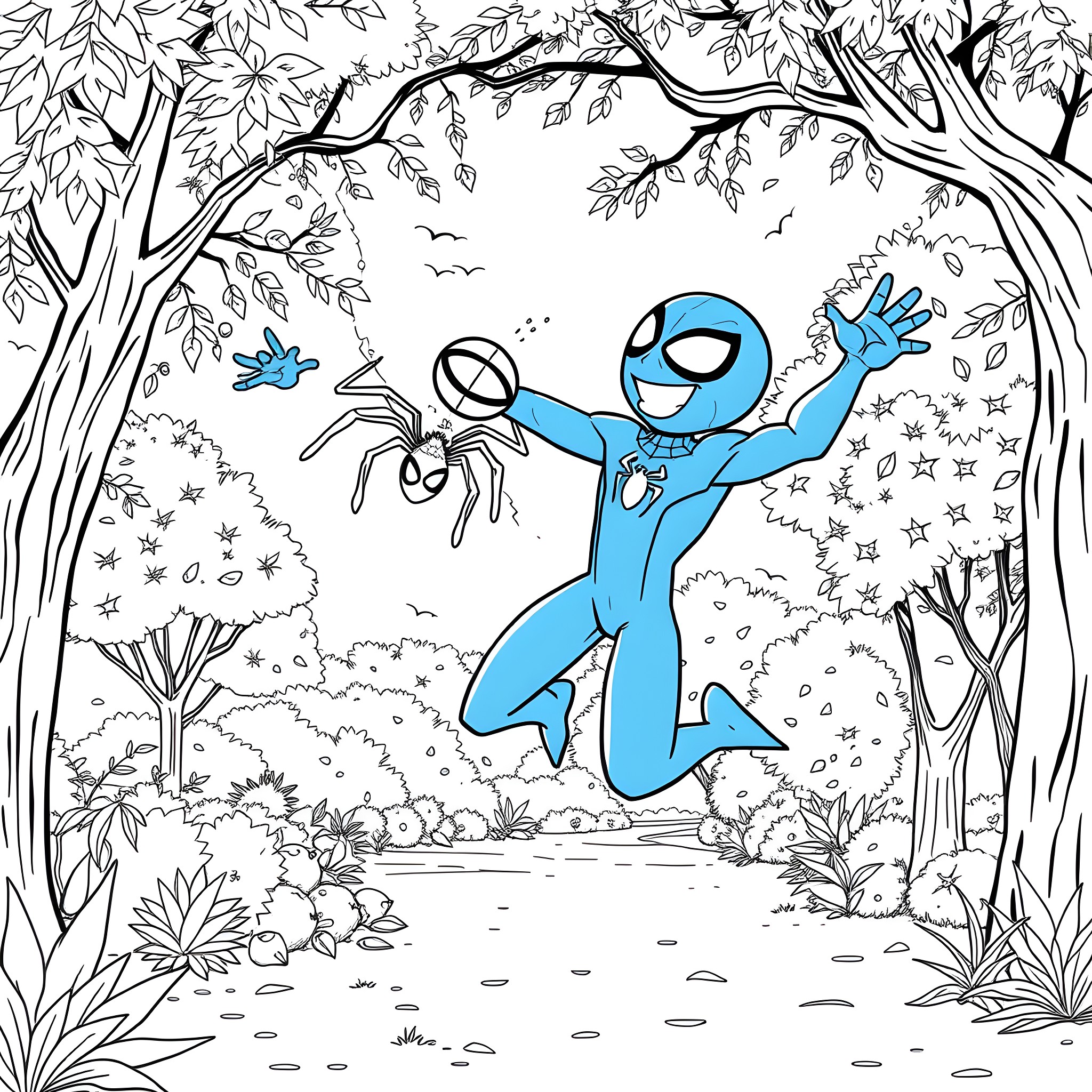 Bluey chasing bugs in a magical forest Coloring Page (free black-and-white line drawing printable PDF for all, from beginners to advanced learners, including children, teens, adults, and seniors)