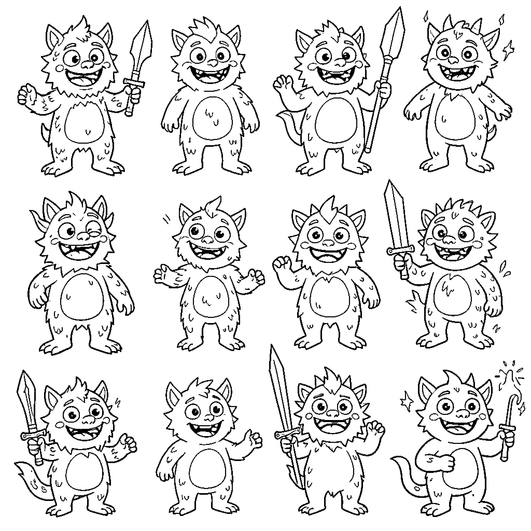 Monsters wielding various weapons in different poses Coloring Page (free black-and-white line drawing printable PDF for all, from beginners to advanced learners, including children, teens, adults, and seniors)
