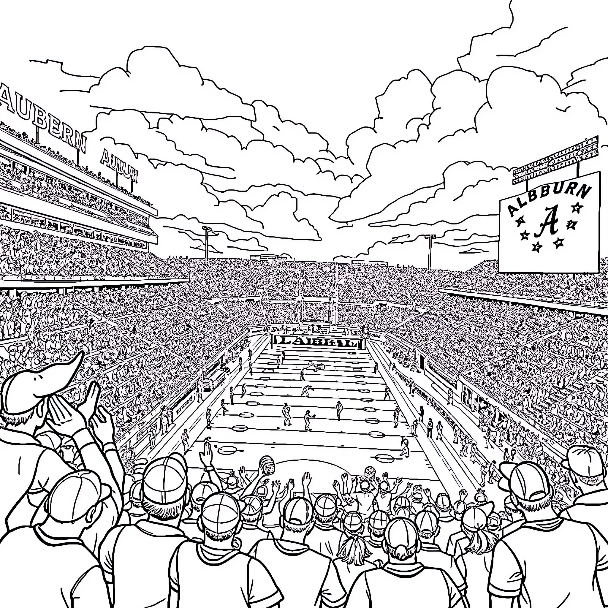 Football game in a crowded stadium with clouds Coloring Page (free black-and-white line drawing printable PDF for all, from beginners to advanced learners, including children, teens, adults, and seniors)