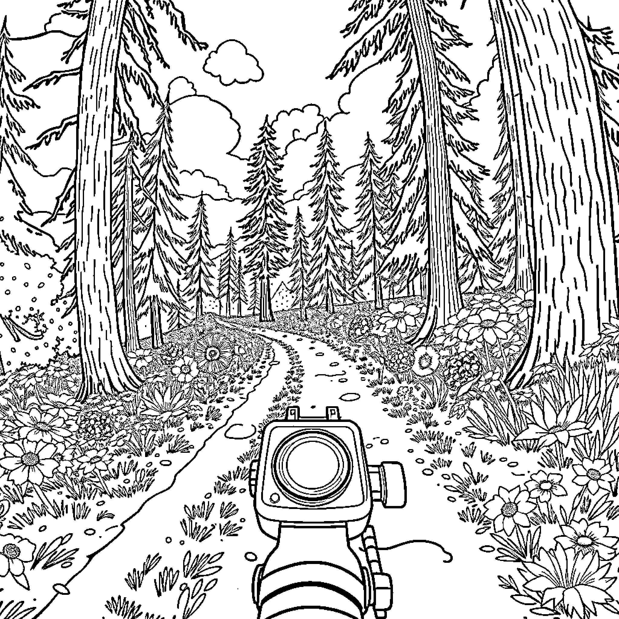 Trail through enchanting forest landscape Coloring Page (free black-and-white line drawing printable PDF for all, from beginners to advanced learners, including children, teens, adults, and seniors)