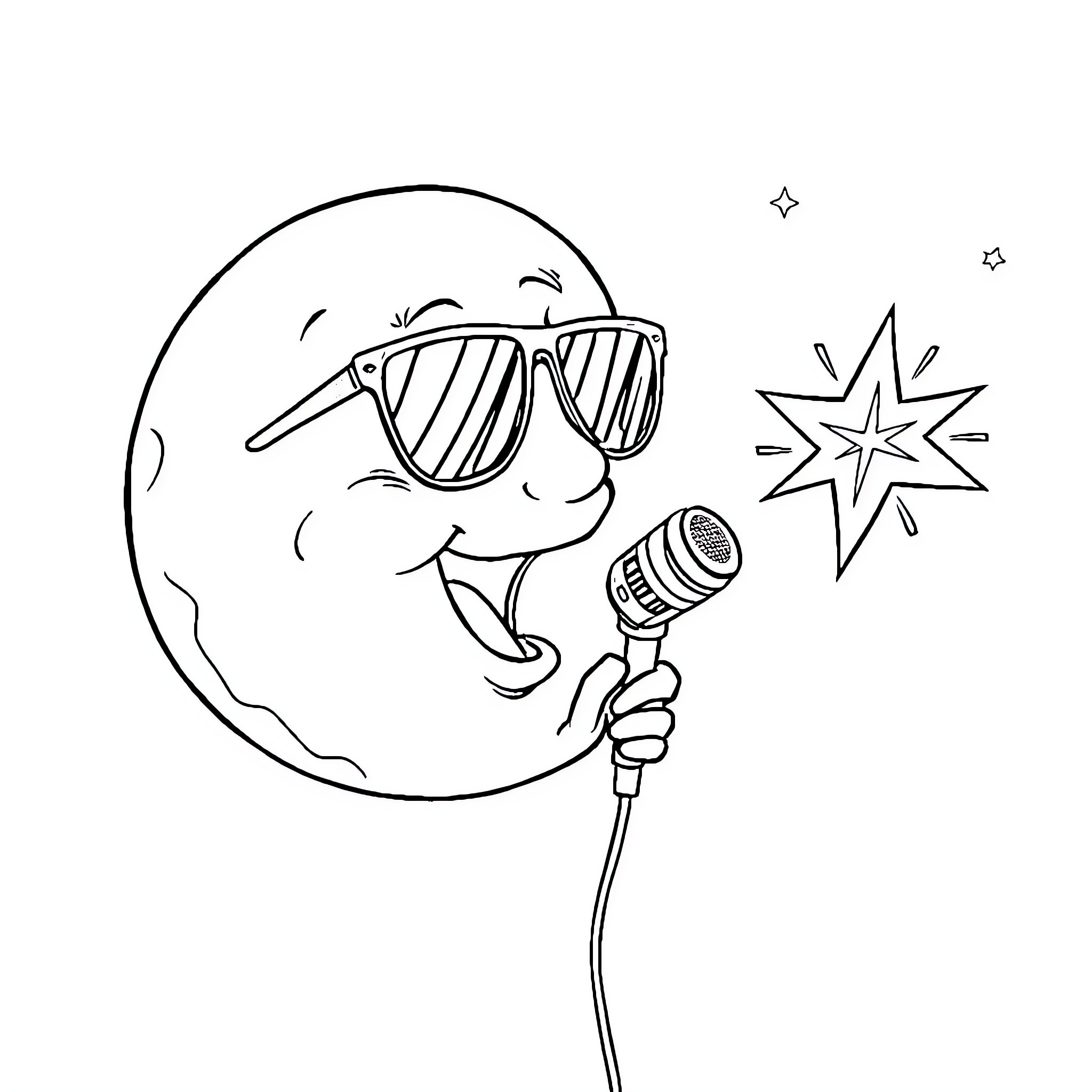Moon sings joyfully with microphone and sunglasses Coloring Page (free black-and-white line drawing printable PDF for all, from beginners to advanced learners, including children, teens, adults, and seniors)