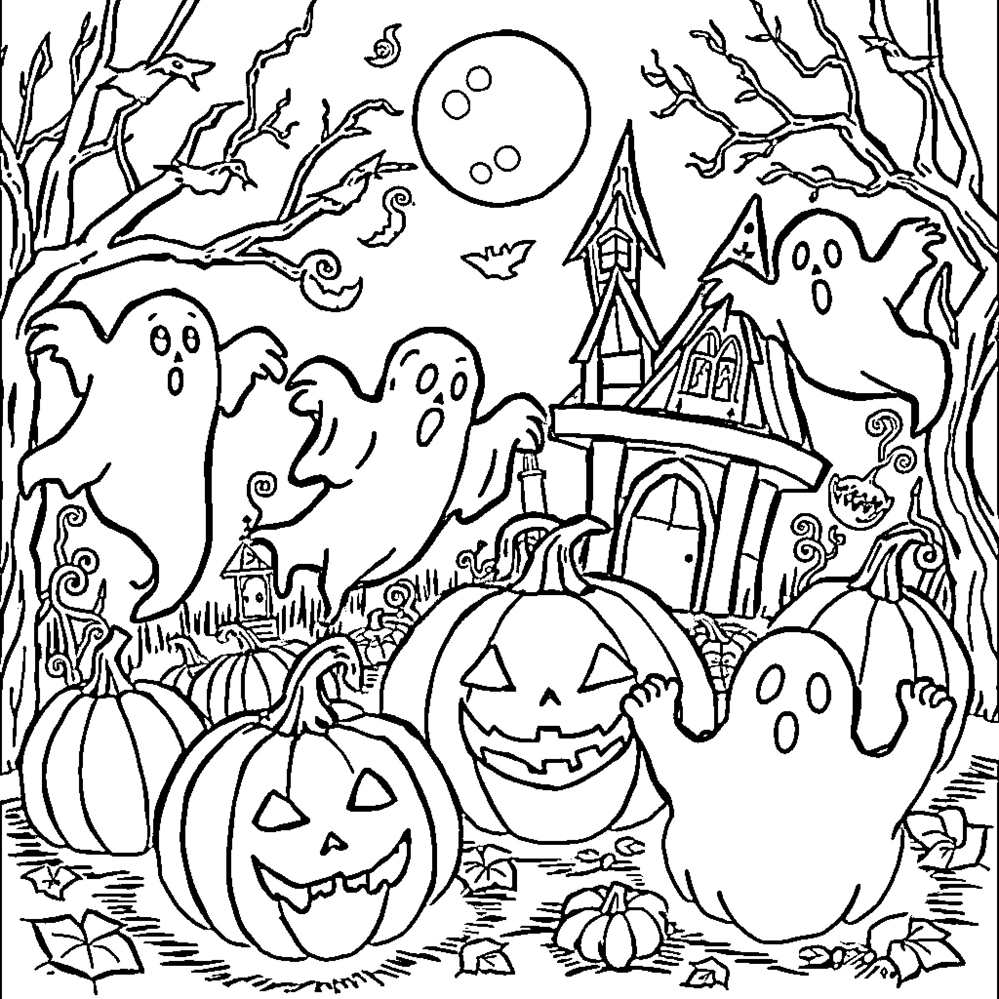 Halloween Spooky Scene with Ghosts, Pumpkins, and a Haunted House Coloring Page (free black-and-white line drawing printable PDF for all, from beginners to advanced learners, including children, teens, adults, and seniors)