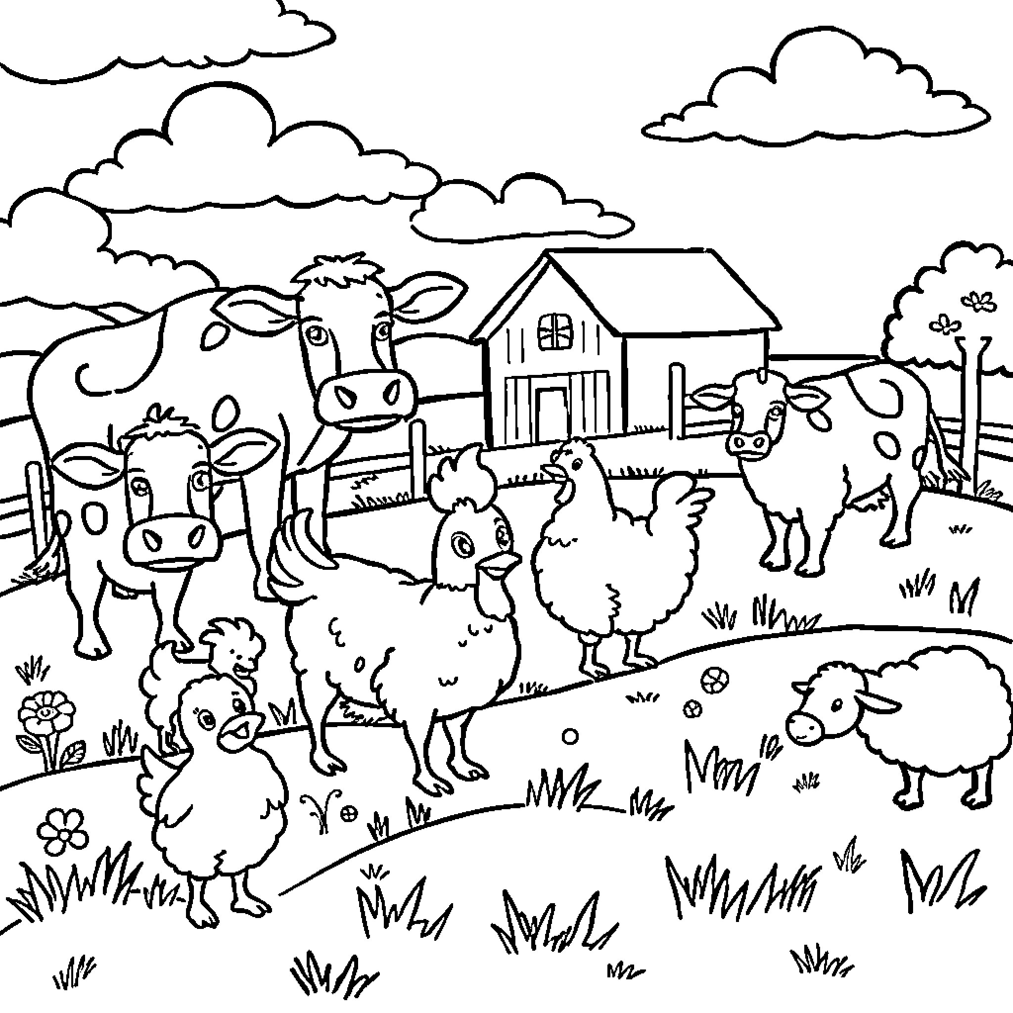 Farm Animal Fun on the Countryside Coloring Page (free black-and-white line drawing printable PDF for all, from beginners to advanced learners, including children, teens, adults, and seniors)