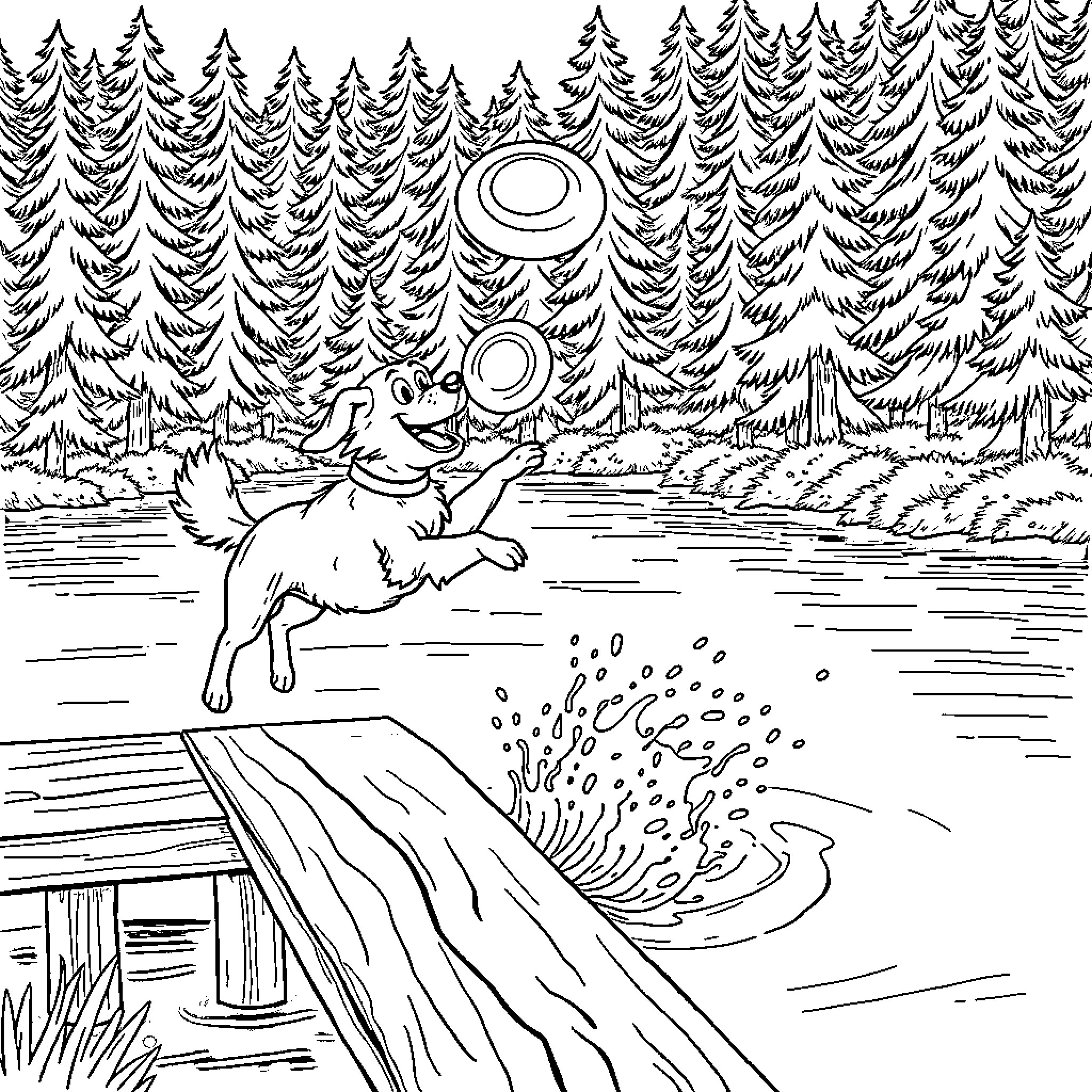 Dog running and splashing in a lake Coloring Page (free black-and-white line drawing printable PDF for all, from beginners to advanced learners, including children, teens, adults, and seniors)