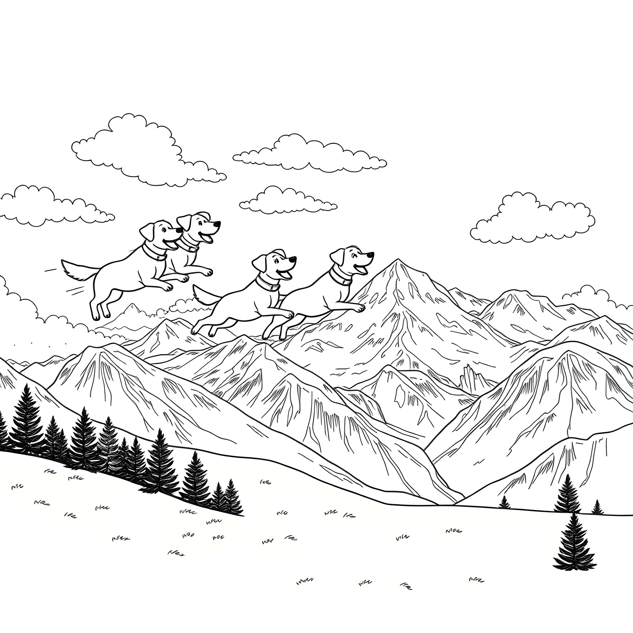 Dog pack running joyfully through mountain landscape Coloring Page (free black-and-white line drawing printable PDF for all, from beginners to advanced learners, including children, teens, adults, and seniors)
