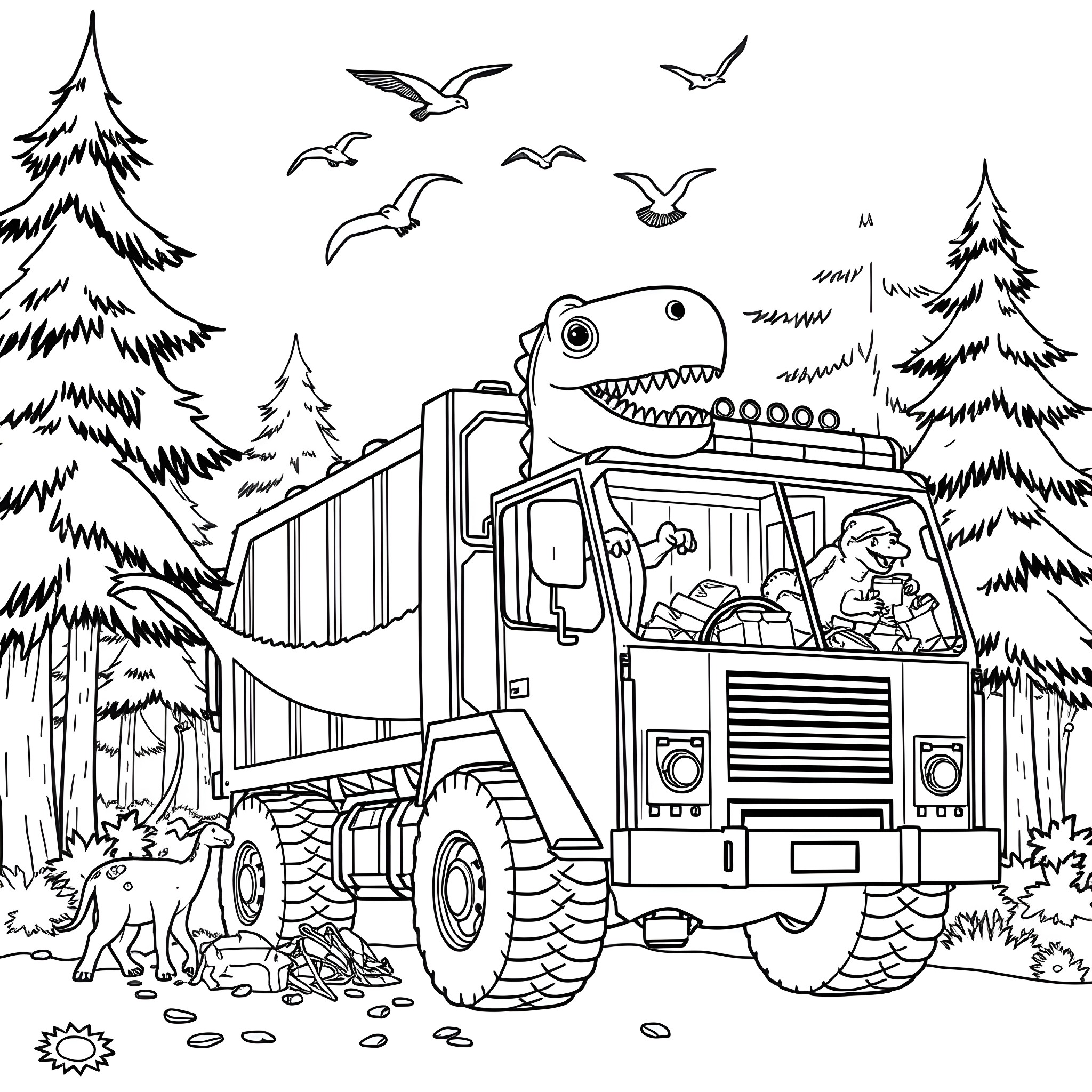 Dinosaur Driving Adventure Through the Forest Coloring Page (free black-and-white line drawing printable PDF for all, from beginners to advanced learners, including children, teens, adults, and seniors)